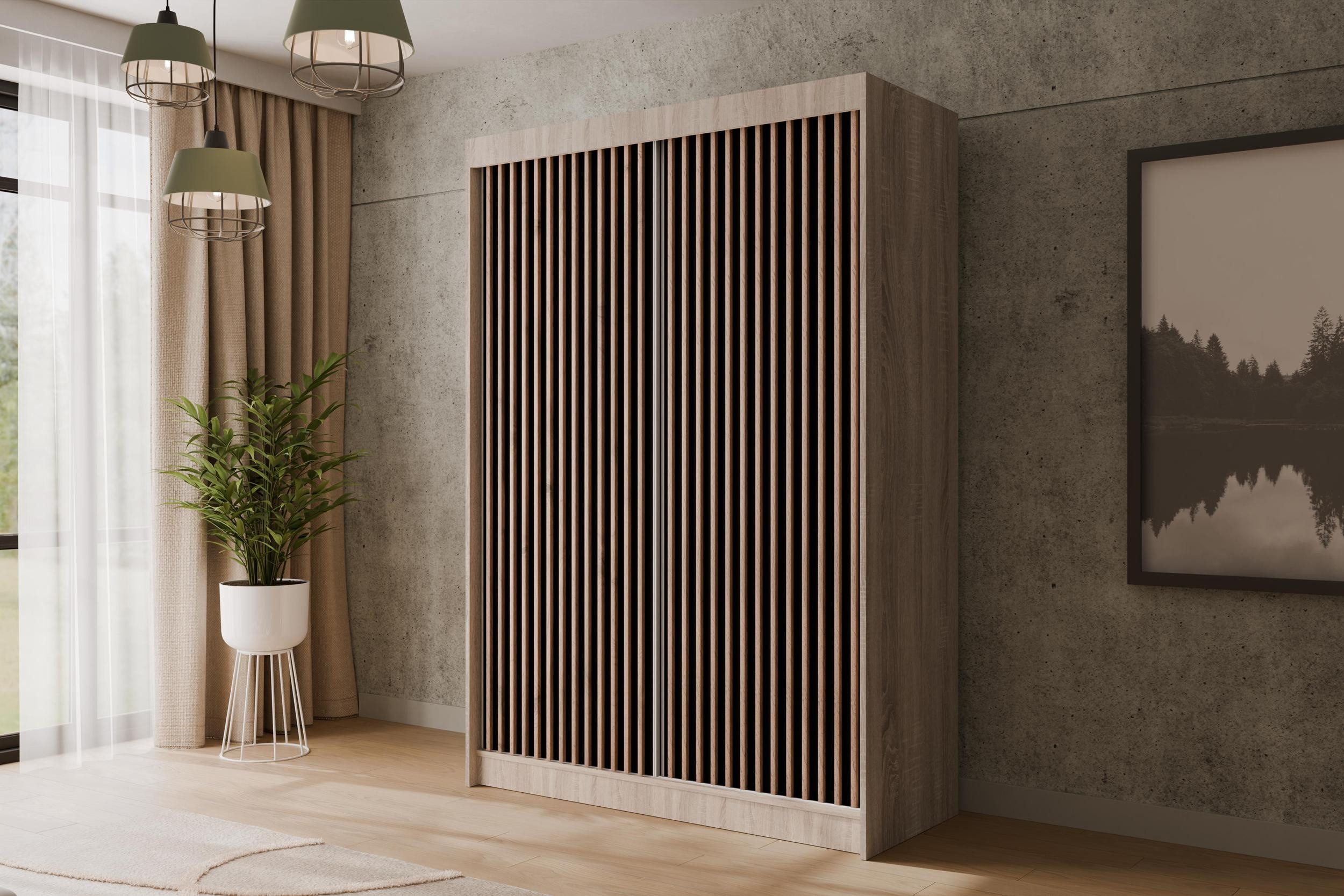 ALTDECOR Schiebetürenschrank VILANv2 (Kleiderschrank Garderobenschrank mit viel Stauraum Moderner Schrank) Vielseitiger Schwebetürenschrank Lamellen LED Beleuch – Bild 3 von 5