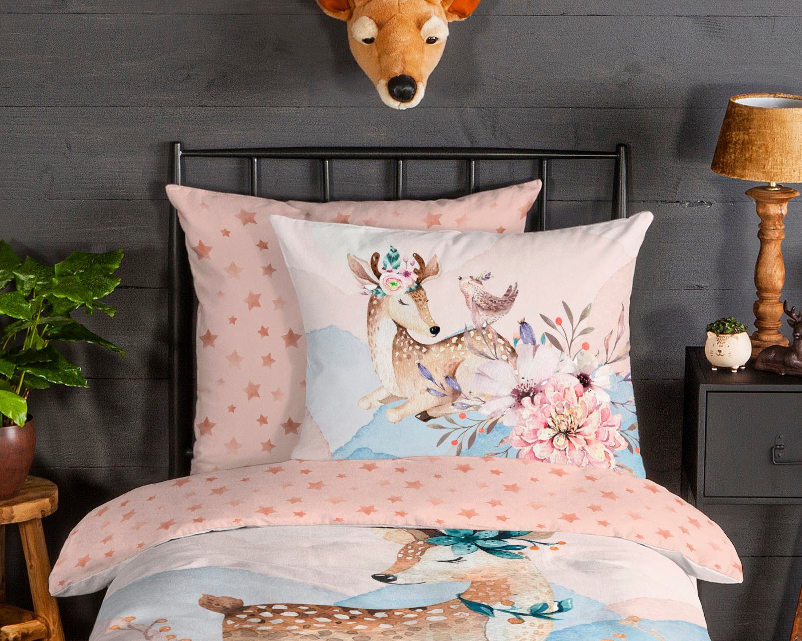 good morning Kinderbettwäsche Josy, Biber, Flanell, 2 teilig, Biber, 135x200, Warm, Reißverschluss, Wendeoptik, Mädchen Kind, Hirsch