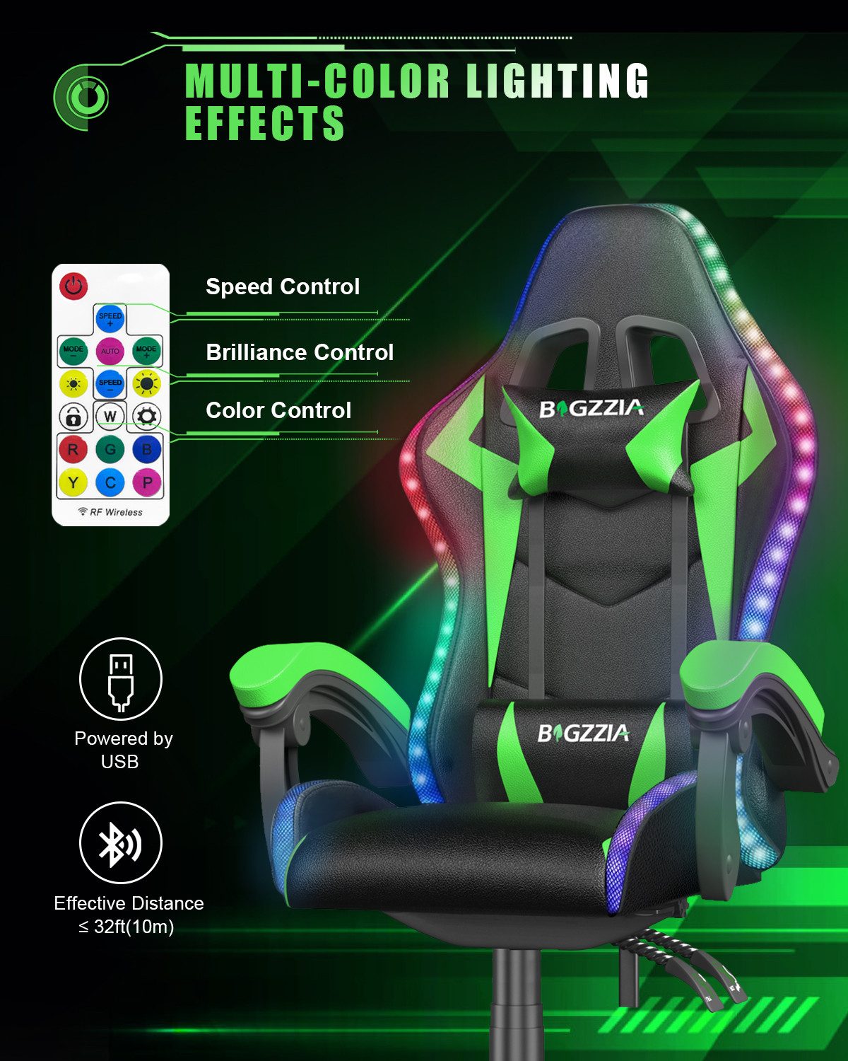 Gywowken Gaming-Stuhl mit LED - Gaming Chair Ergonomisch - 90-155° Rückenlehne