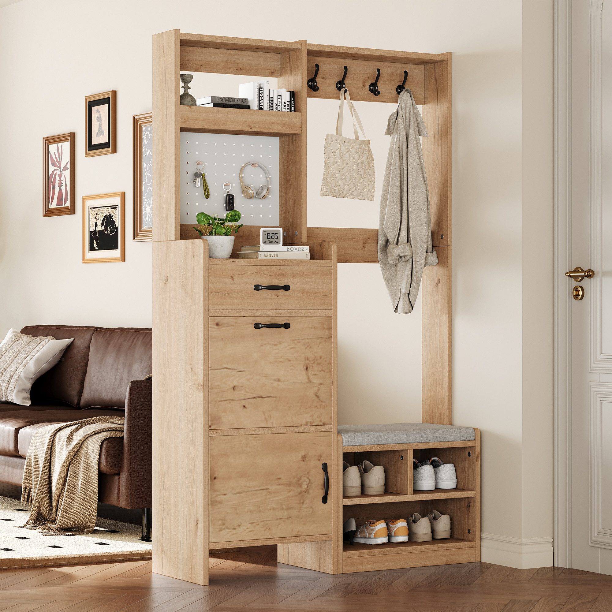 Merax Garderoben-Set in Naturholzoptik, Kompaktgarderobe mit Pegboard, (1-St., B108.5 × T35 × H180 cm), Flurgarderoben mit Schuhbank, 4 Kleiderhaken, Schublade  – Bild 2 von 5