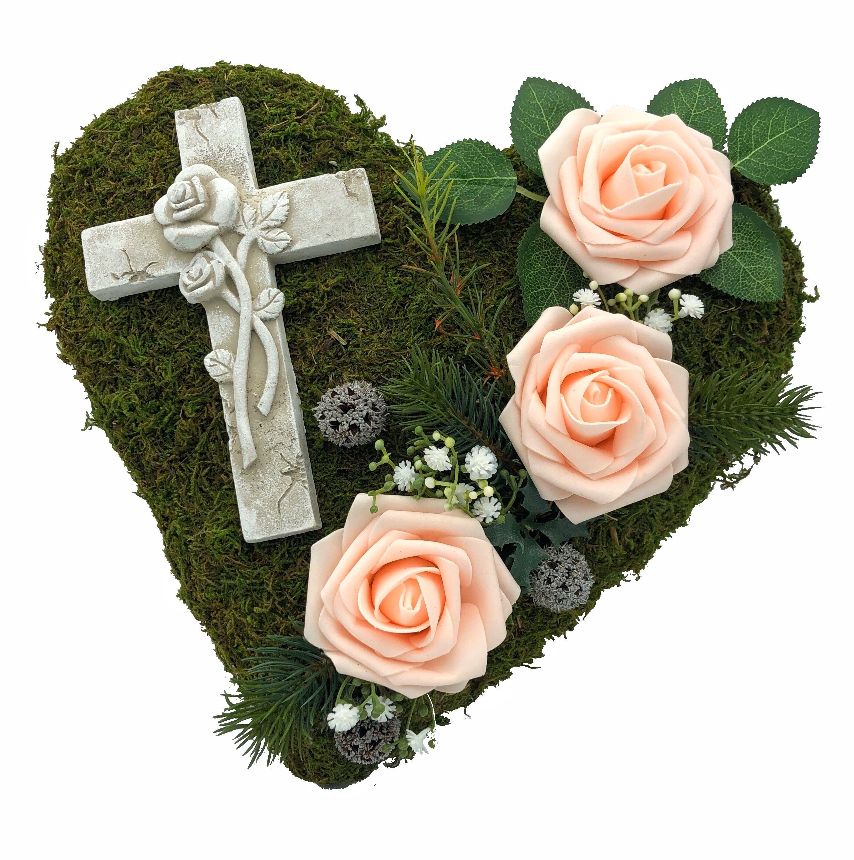 Grabherz Trauerherz Gartenfigur Kreuz Herz Grabschmuck Moosherz Grab Grabgesteck