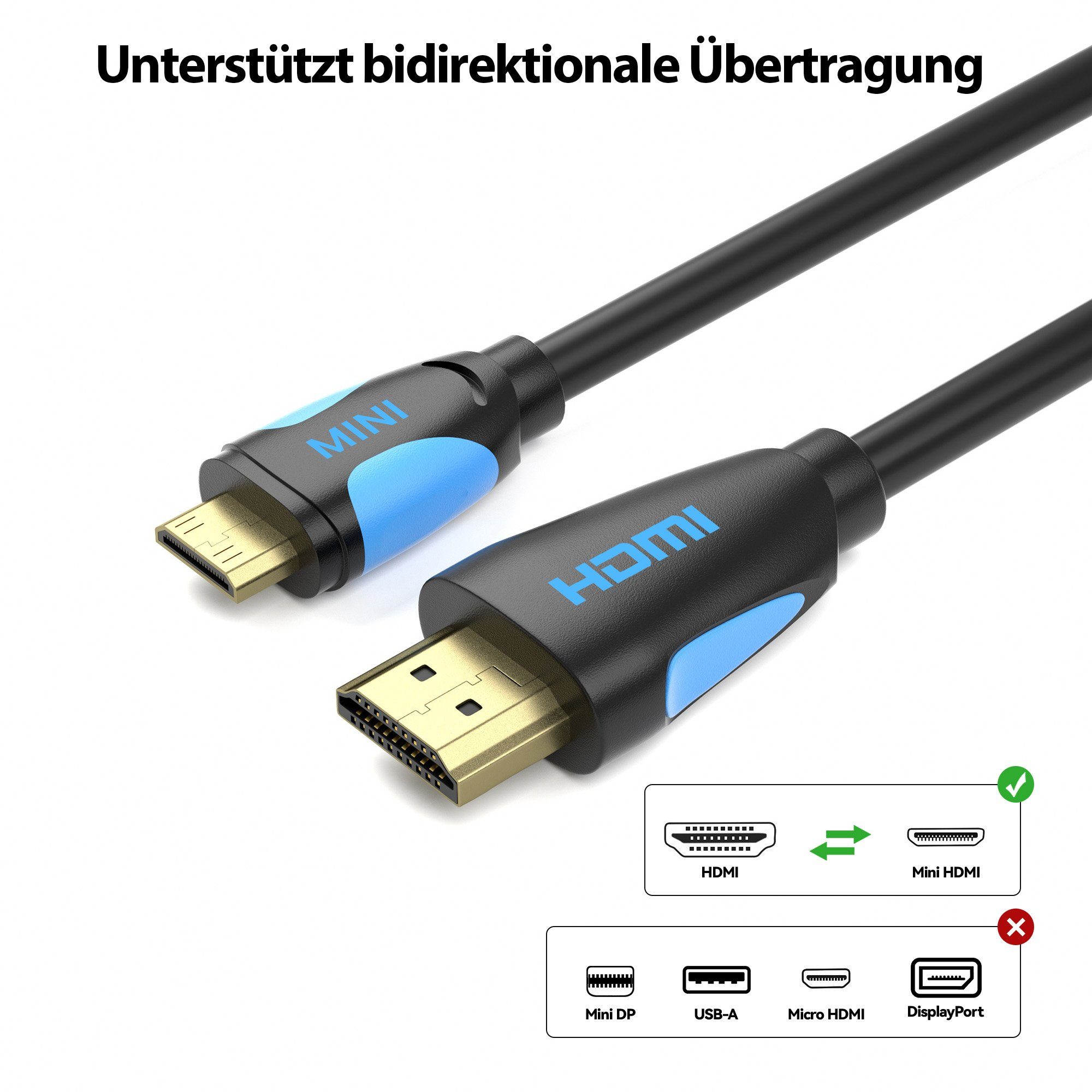 JAMEGA mini HDMI Kabel High Speed Adapterkabel 4K UHD 2160p für Tablet Kamera HDMI-Kabel, Mini HDMI Stecker, HDMI Stecker, (200 cm) – Bild 4 von 5