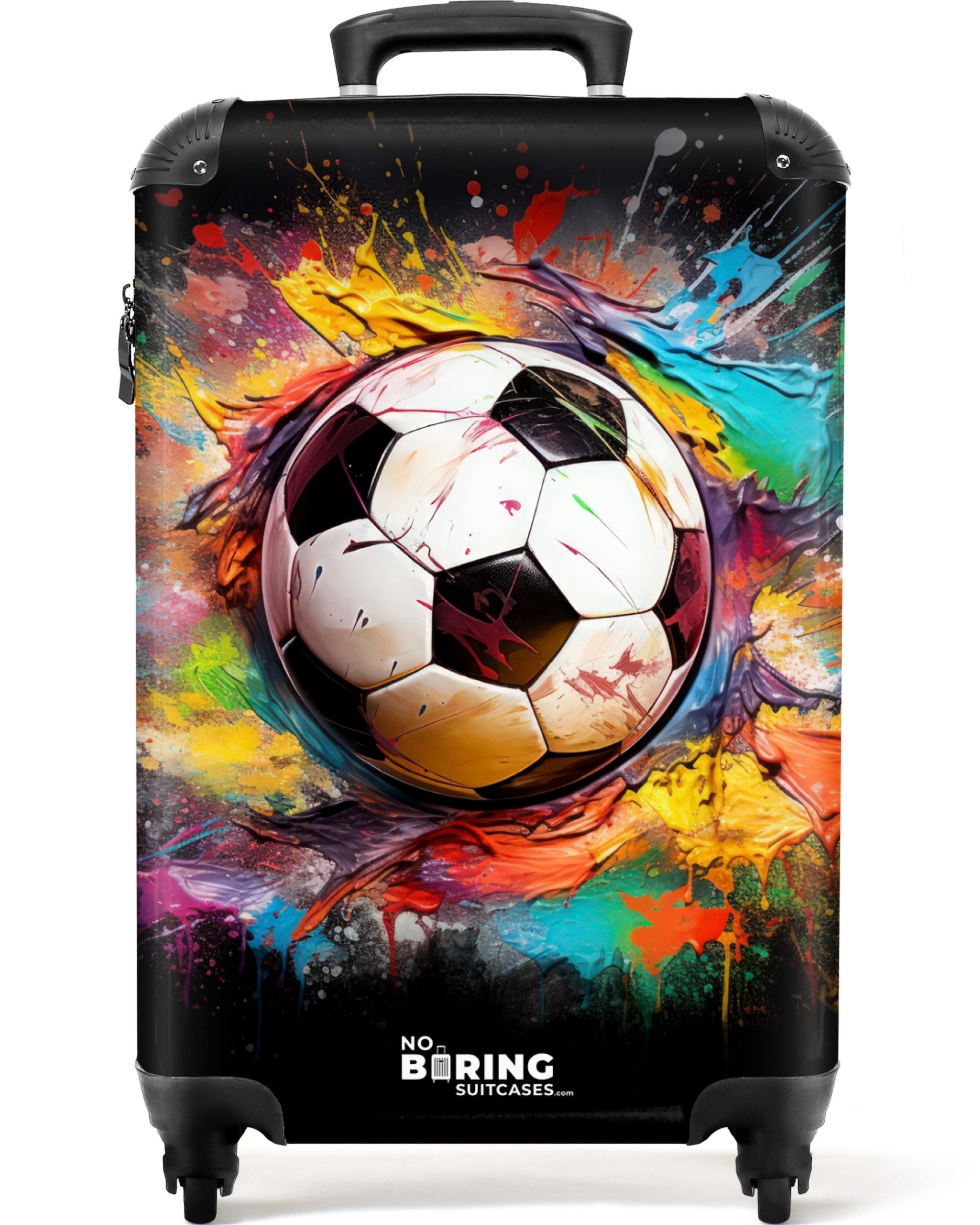 NoBoringSuitcases.com© Kinderkoffer Fußball umgeben von Farbklecksen 55x35x20cm, Reisetasche mit Rollen, Koffer Handgepäck Flugzeug