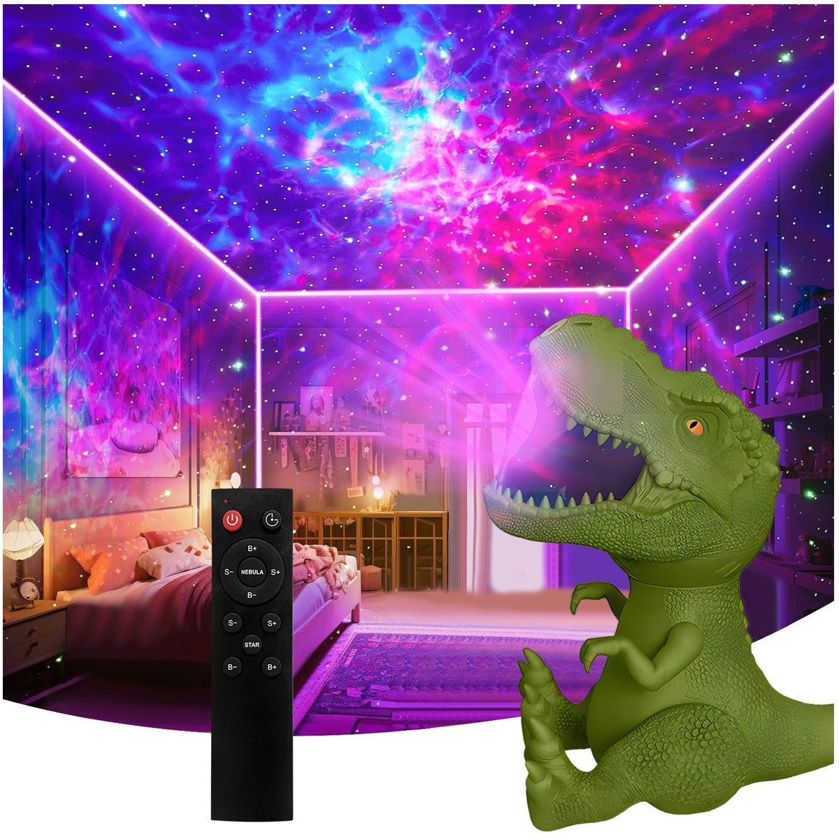Laybasic Nachtlicht Dinosaurier Sternenhimmel Galaxie Projektor für Kinder Erwachsene, Timer Fernbedienung 8 Farben Nebel