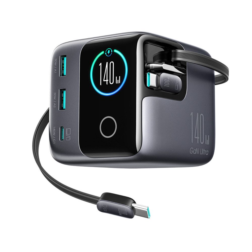 JOYROOM Ladestation Schnellladegerät Mehrfachladegerät USB-Ladegerät (5000.0 mA, Spar-Set, 1-tlg., 8 x 8 x 9 cm kompakt, 140 W GaN, 5 Anschlüsse, 2 einziehbare Kabel, Display)