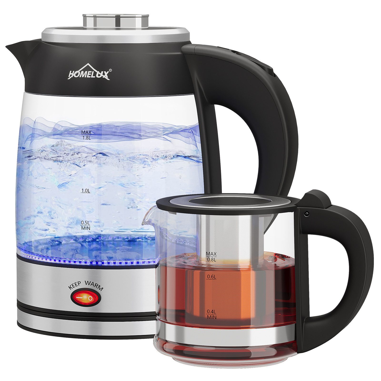 HOMELUX Wasserkocher Teekocher Glas 2in1 Teeautomat Teemaschine mit Funktion Heizung, 1.8 l, 2200 W, Teebereiter mit Teefilter, Trockenkochschutz Abschaltauto