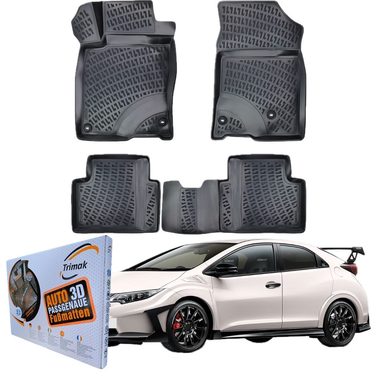Trimak Passform-Fußmatten Oder Kofferraumwanne Oder Set kompatibel mit Honda Civic, Honda Civic Type R FK2 & FK8 2015-2021 Gummimatten Auto TPE