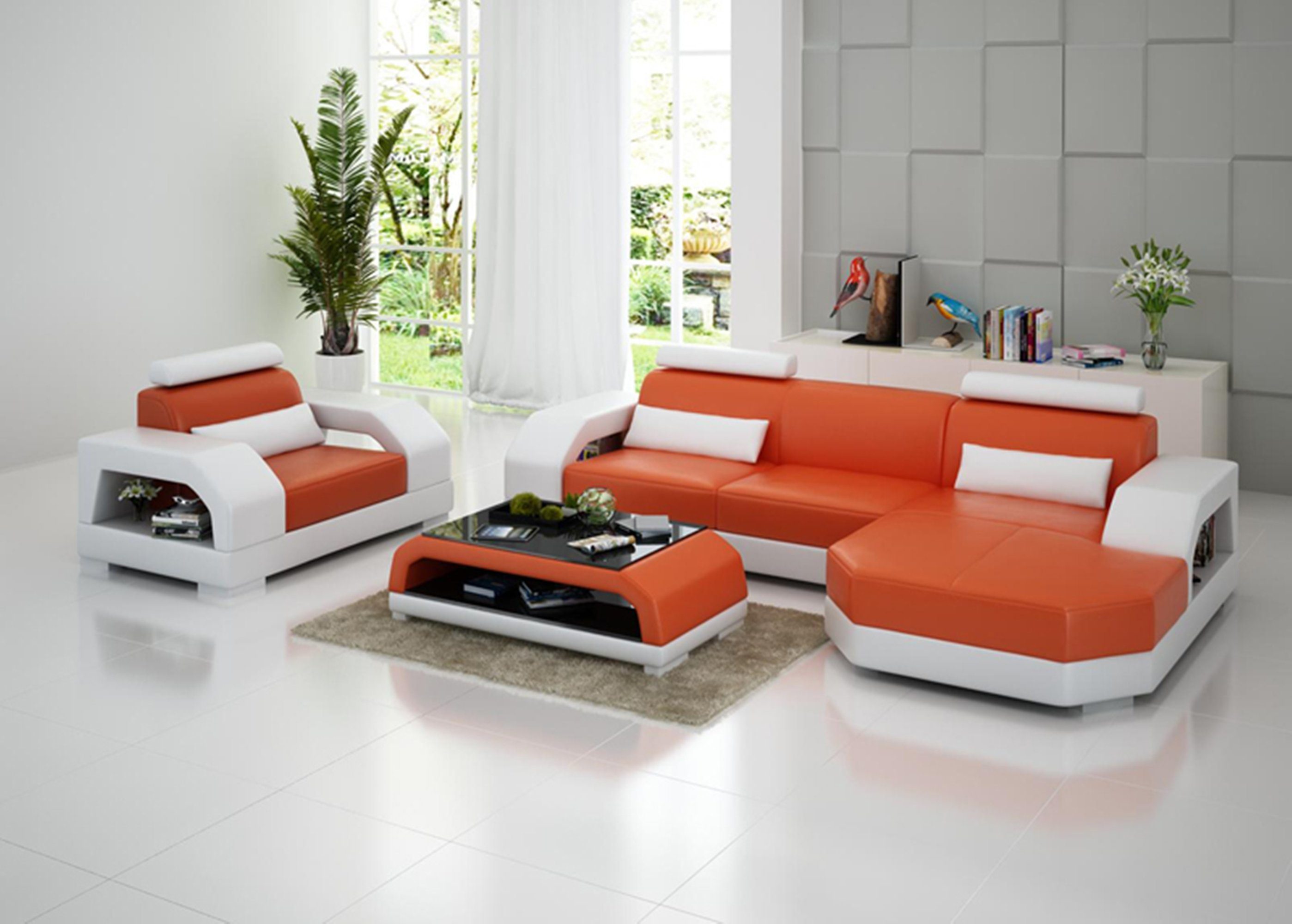 JVmoebel Ecksofa, Ledersofa Couch Wohnlandschaft Ecksofa + Sessel LED USB Orange