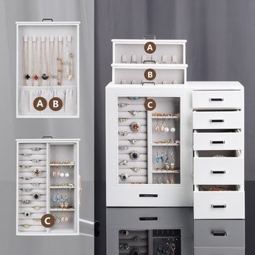 Yorbay Schmuckkasten Schmuckkoffer mit 8 Schubladen, Weiß, Schmuckkasten mit Glasfenster, Schmuckschatulle für Halsketten, Ringe, Armbänder, Ohrringe