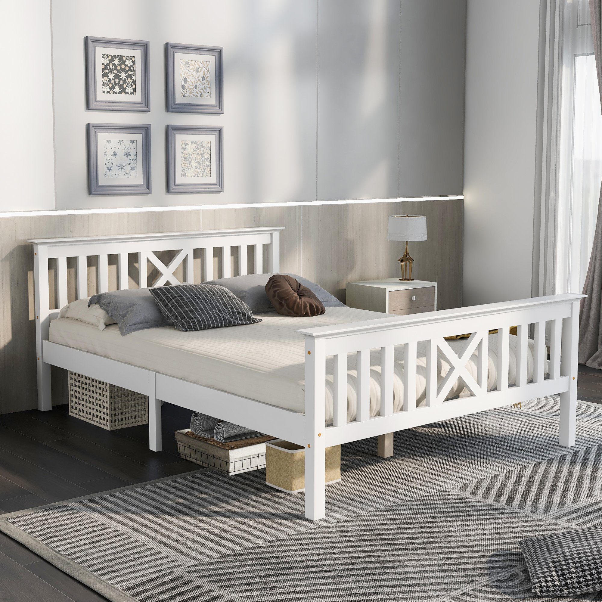SOFTWEARY Holzbett (Doppelbett mit Lattenrost, Kopfteil und Fußteil, 140x200 cm), Jugendbett, Kiefer – Bild 3 von 5