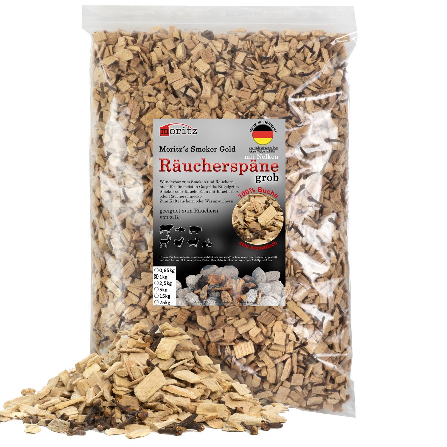 Moritz Räucherbox 1kg Räucherspäne Buche mit Nelke grob 6 -12 mm zum smoken, räuchern/kalträuchern von Fleisch, Fisch, Gemüse geeignet