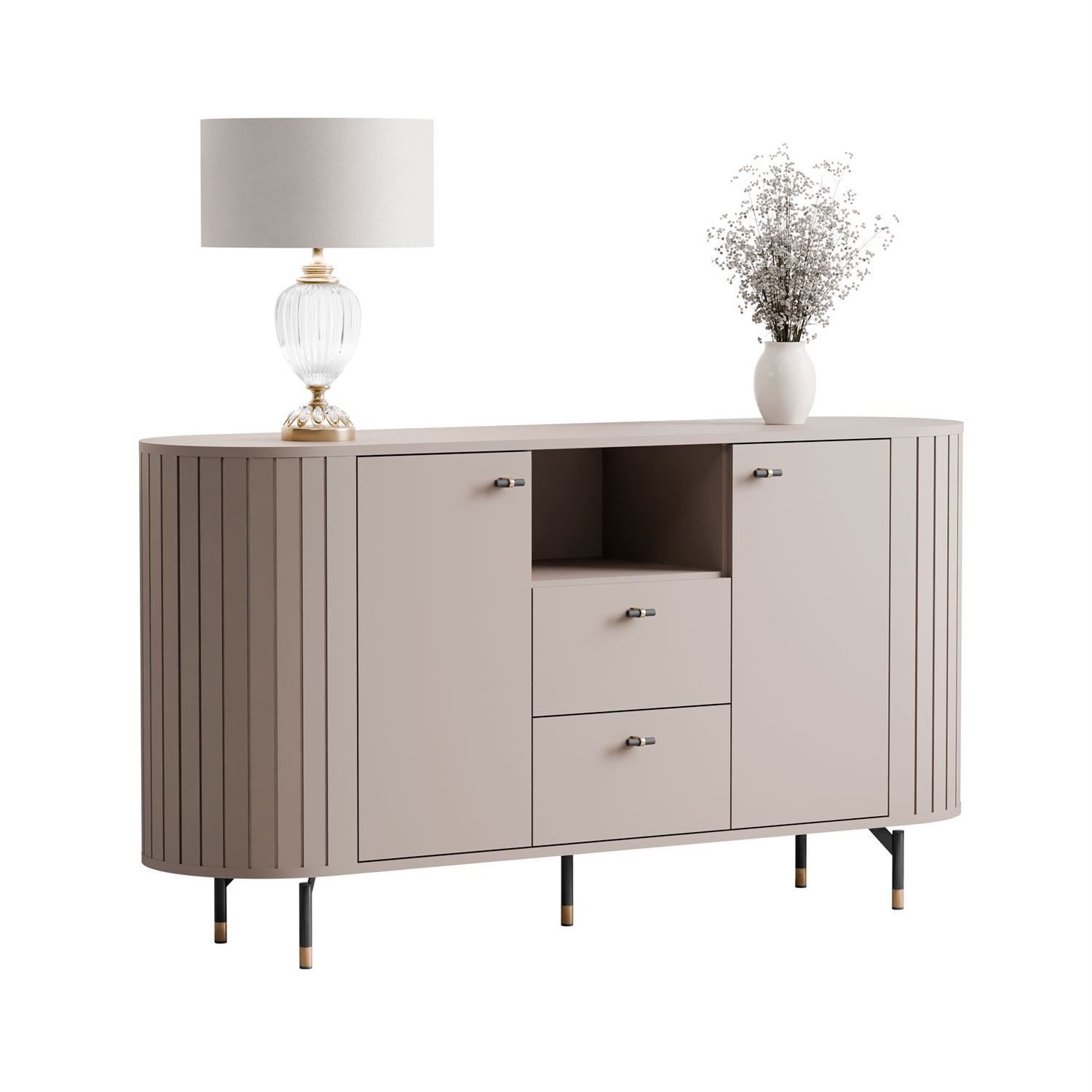 yourhouse24 Kommode LINNEA 150cm 2D2S Runde Ecken Lamellen Kaschmir/Schwarz