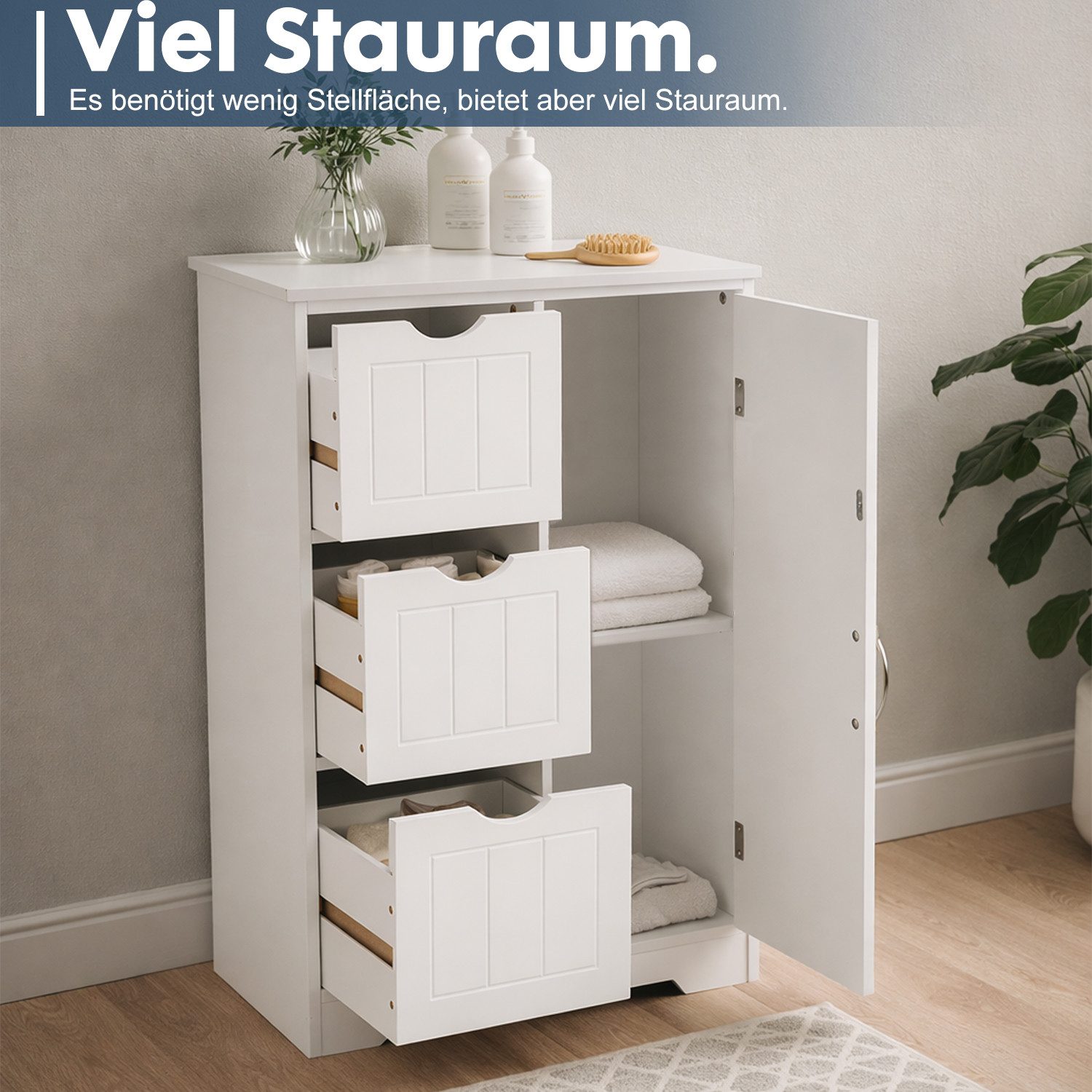 DUMOS Badkommode Badezimmerkommode mit 3 Schubladen (Badezimmerschrank), Schrank mit verstellbarem Regalbrett und 3 Schubladen