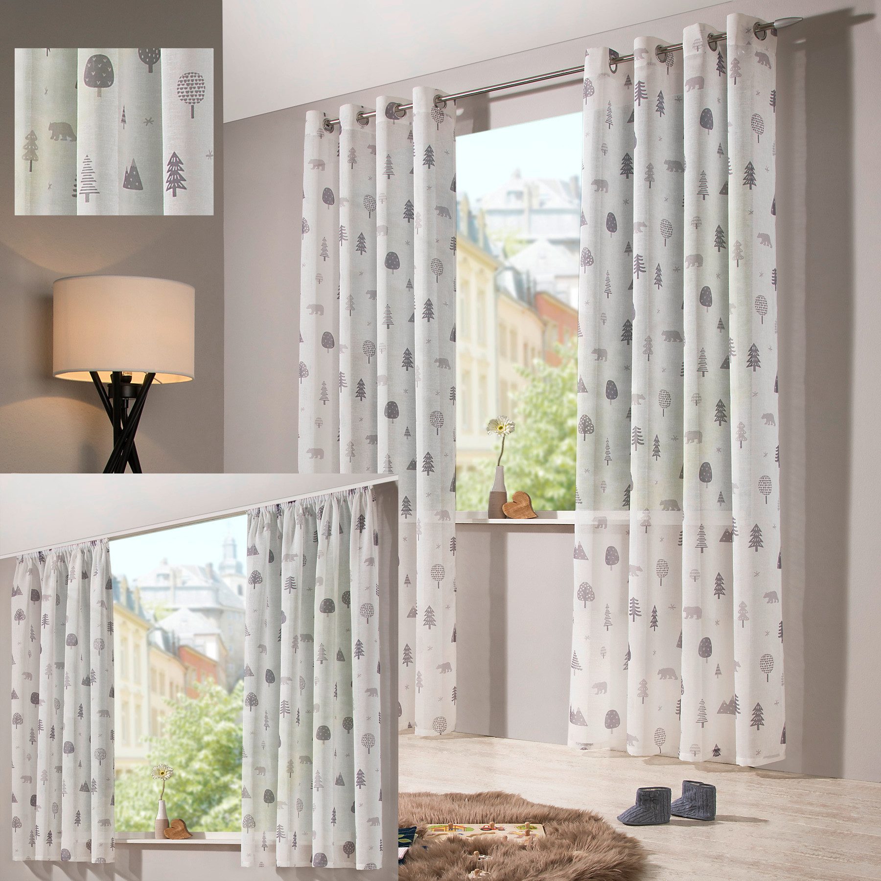 heimtexland Vorhang Kindergardine Skandi-Stil Dekoschal Wald Bär Grau (1 St), Ösen, halbtransparent, Polyester, Leinenoptik I Natur I Ösenschal I Kinderzimmer I – Bild 5 von 5