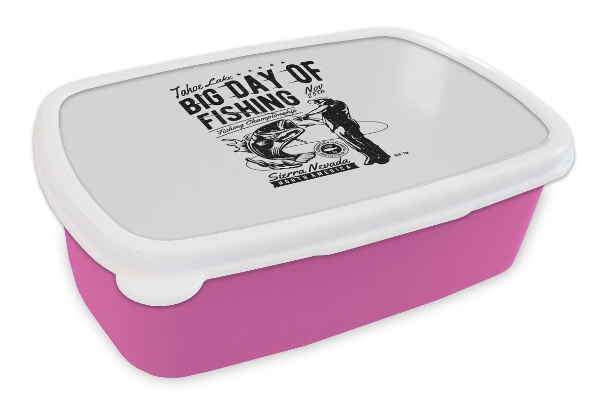 MuchoWow Lunchbox Angeln - Rute - Jahrgang, Kunststoff, (2-tlg), Brotbox für Erwachsene, Brotdose Kinder, Snackbox, Mädchen, Kunststoff rosa