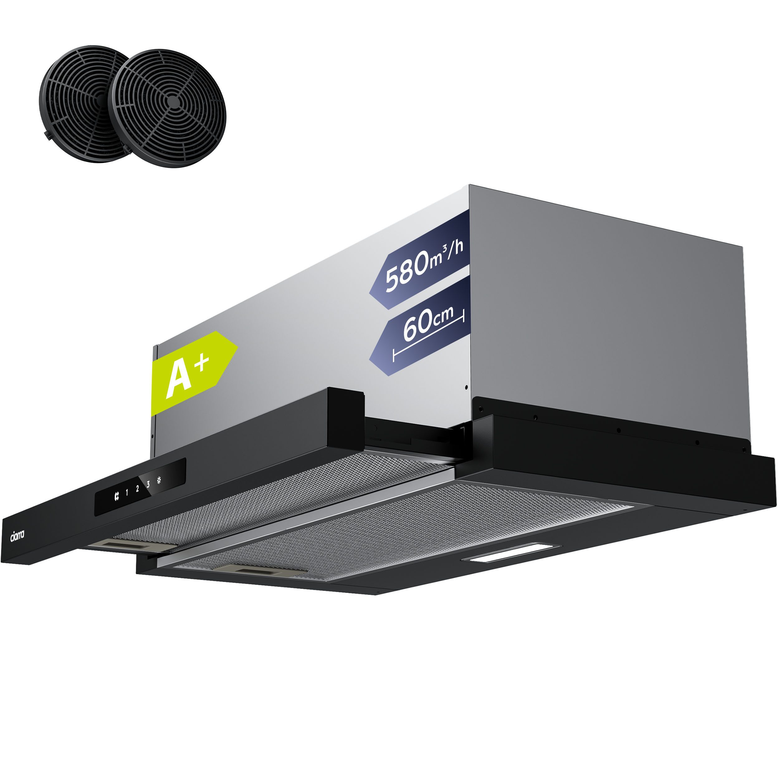 CIARRA Flachschirmhaube VM6909AB VM6909AB, 60cm A+ Ausziehbare Einbau-Dunstabzugshaube 580 m³/h Schwarz