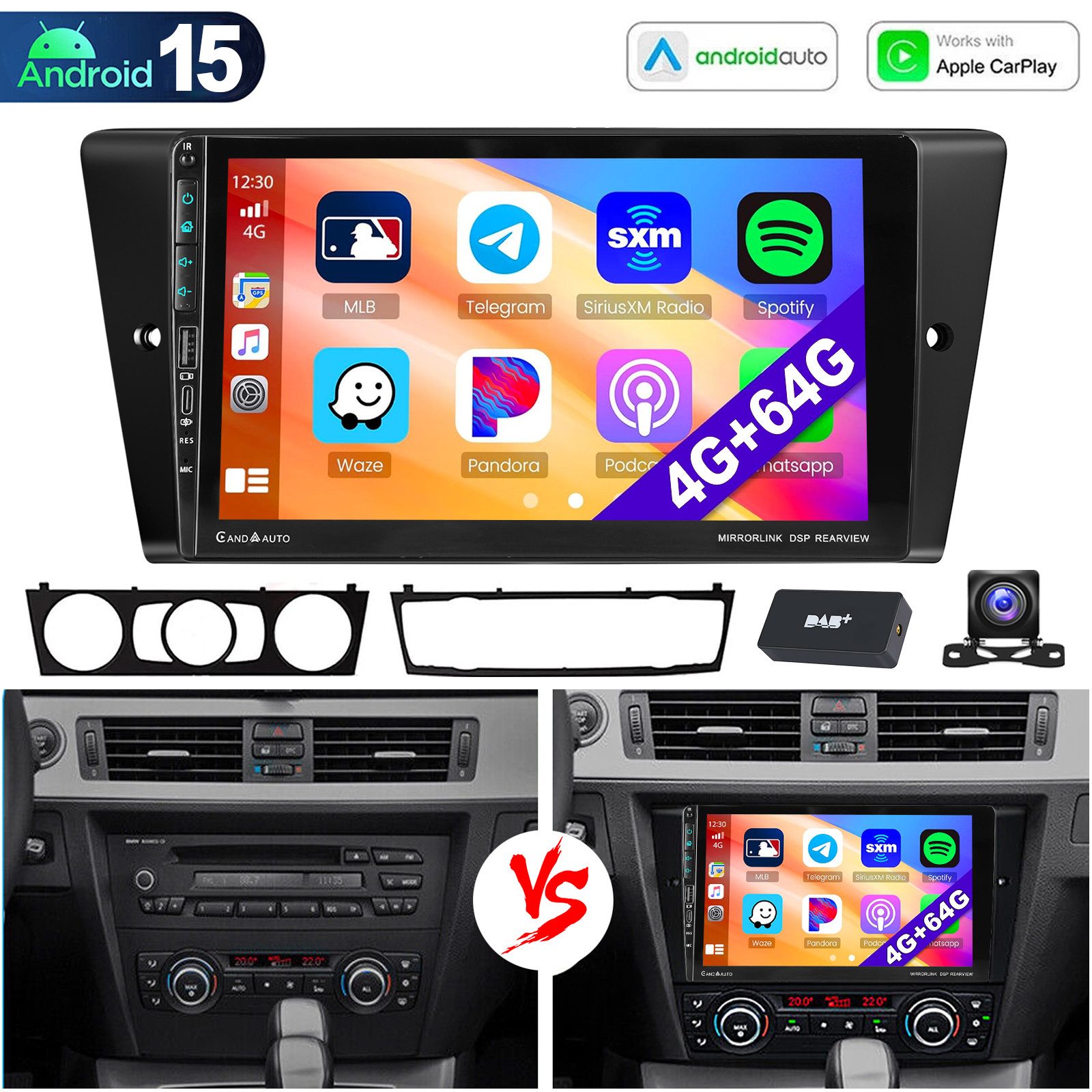 ESSGOO Für BMW 3ER E90 E91 E92 E93 Carplay RDS Android 15 Autoradio GPS Navi Autoradio (RDS, 4+64GB(optional), DAB (optional), FM, AM, DAB+ (optional), Carplay Android Auto Bluetooth EQ USB GPS Navi WIFI Touchscreen)