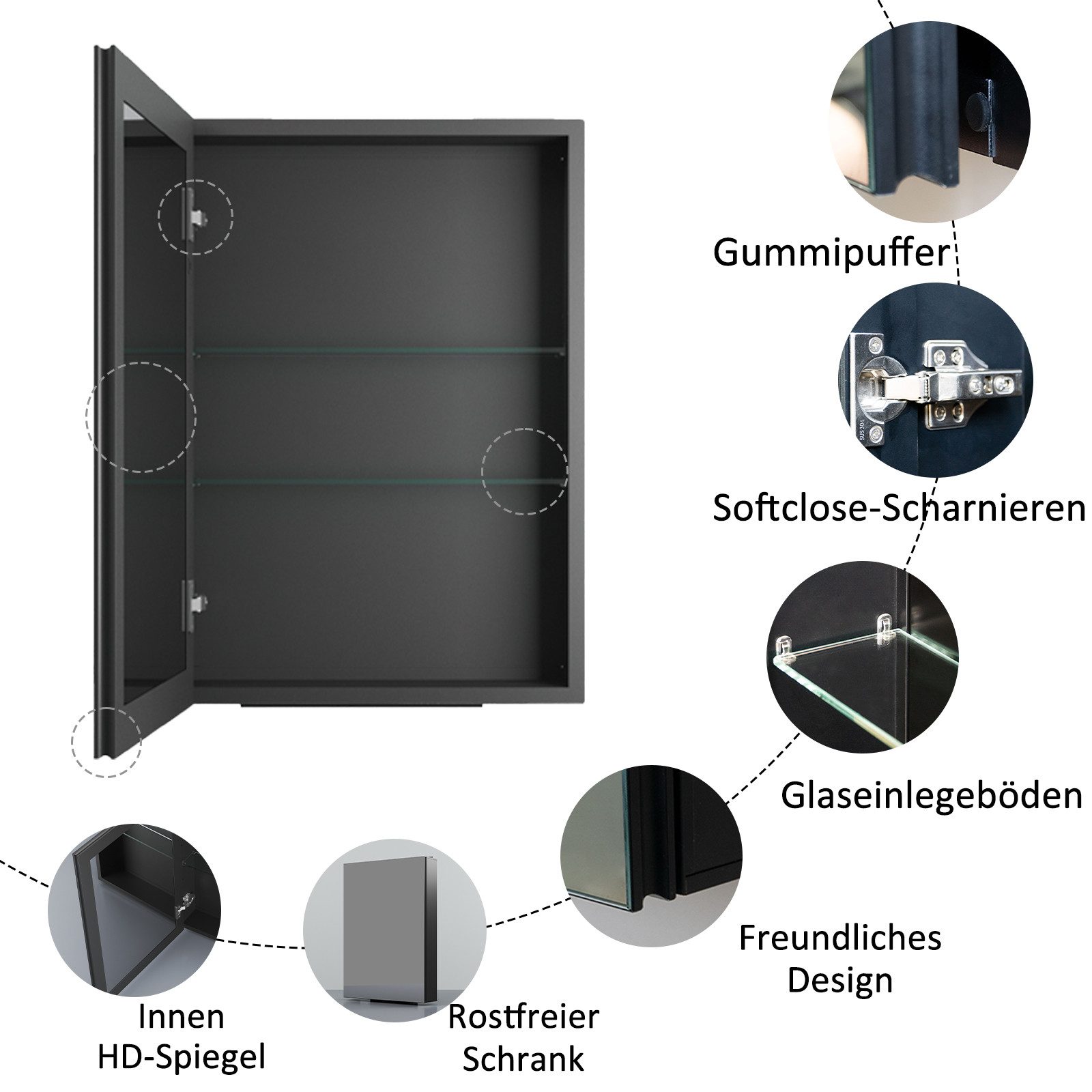 Hopibath Spiegelschrank Schwarz 50x70cm Badezimmer Spiegelschrank (Badezimmerspiegelschrank Aluminium, Eckig) Doppelspiegel, Verstellbare Glasböden, vormontiert geliefert