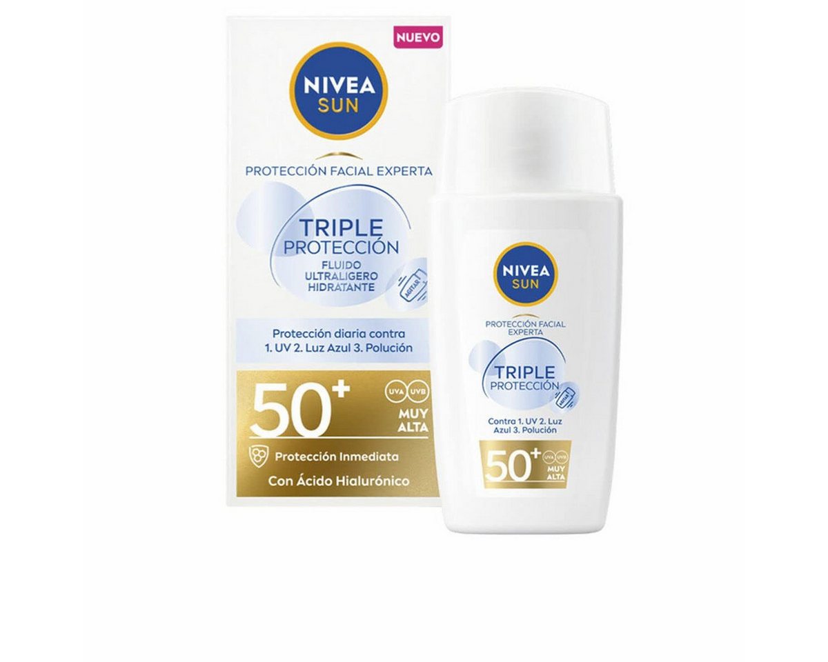 Nivea Sun Sonnenschutzcreme Triple Protect Sonnenfluid SPF 50+ – Ultra-leichter Schutz vor UV, Blue Light & Umwelteinflüssen – 40 ml, leicht, schnell einziehend, umweltfreundlich, dreifacher Schutz, wasserfest, antioxidativ, schweißresistent