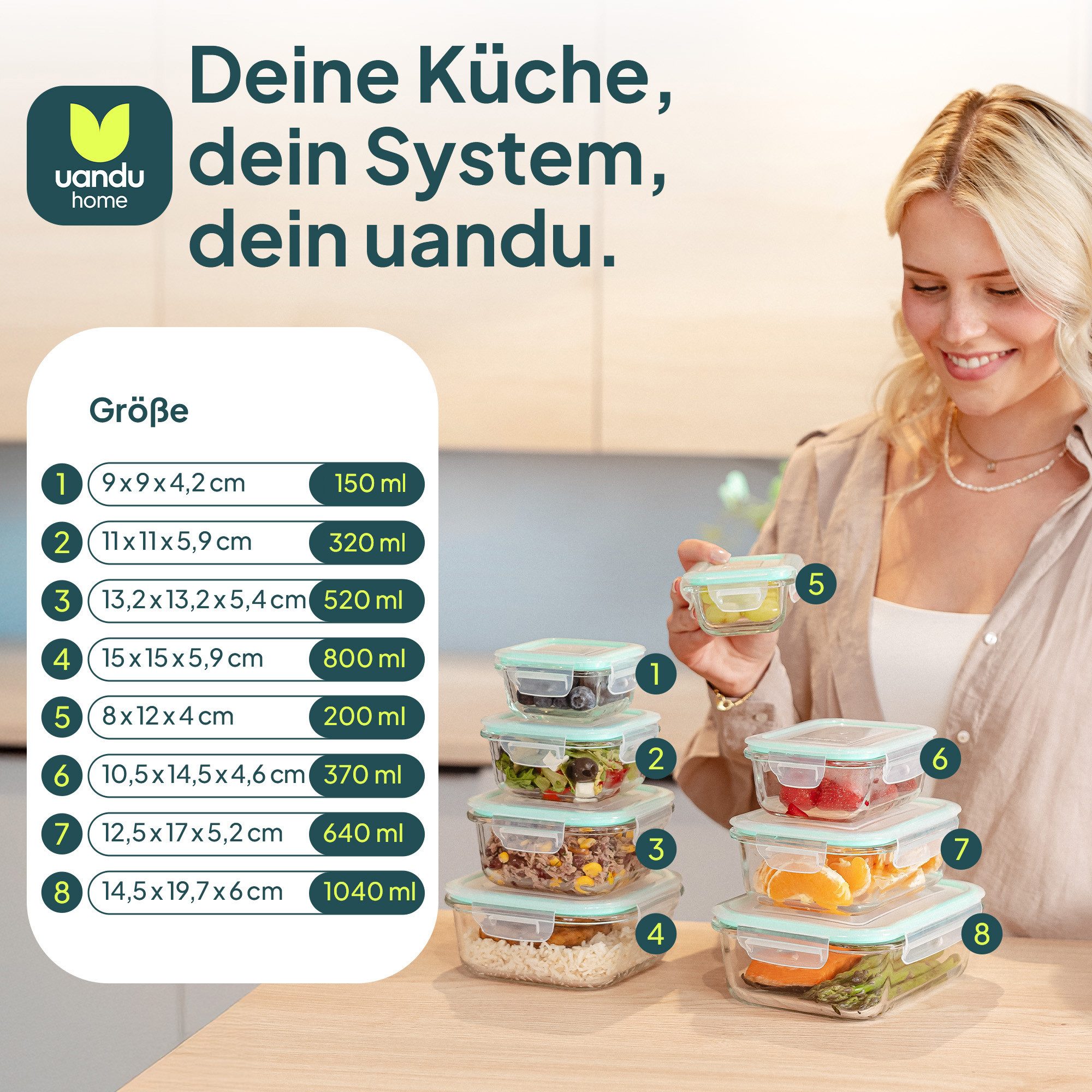uandu home Frischhaltedose Glasbehälter mit Deckel, Frischhaltedosen Glas mit Deckel, (glasdosen mit deckel set, glas tupper mit deckel, glass food container, f – Bild 2 von 5