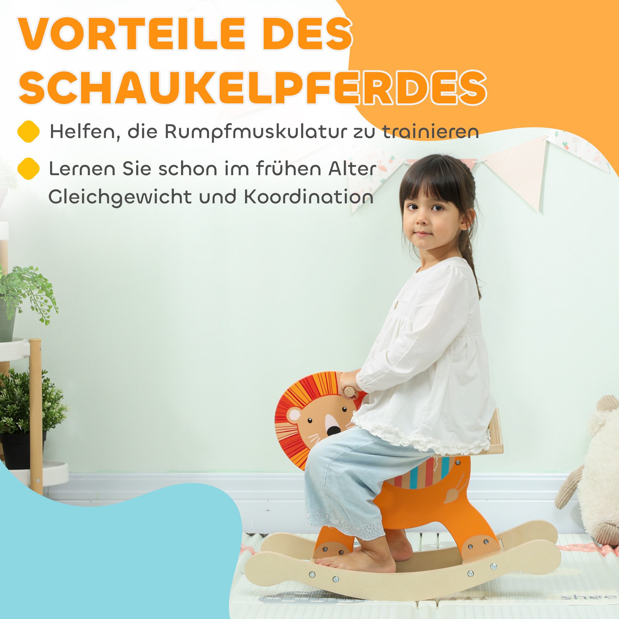 AIYAPLAY Schaukeltier Schaukelpferd Holz mit Haltegriffen Esel, (1 tlg), für Kinderzimmer, Spielzimmer, Orange – Bild 4 von 5