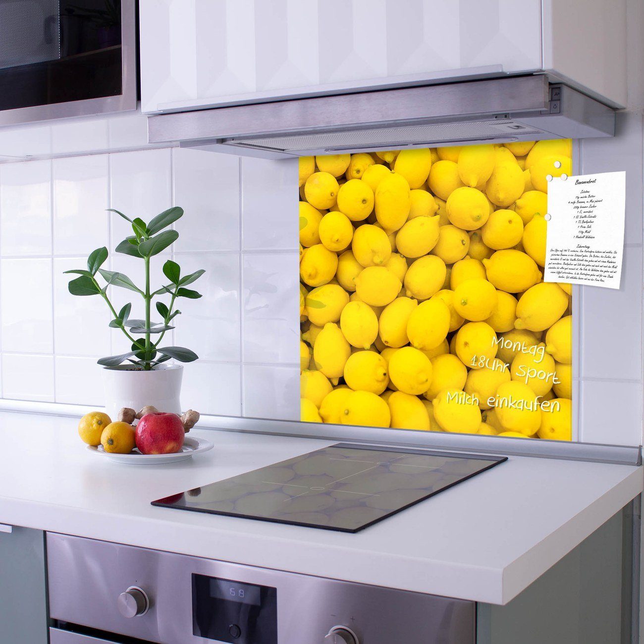 banjado Küchenrückwand Küchenrückwand Zitronen, (gehärtetes Glas, inklusive 4 Magnete & 1 Kreidestift)