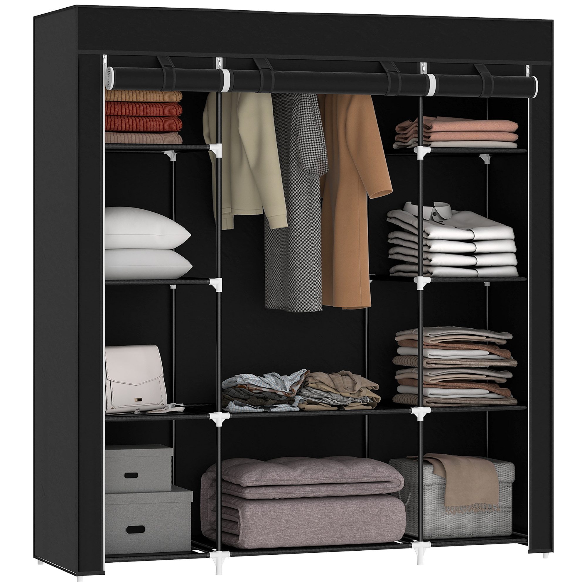 HOMCOM Stoffschrank Faltschrank mit1 Kleiderstange, 9 Regale (Tragbare Garderobe, 1-St., Kleiderschrank) Schwarz, 150 x 43 x 162,5 cm