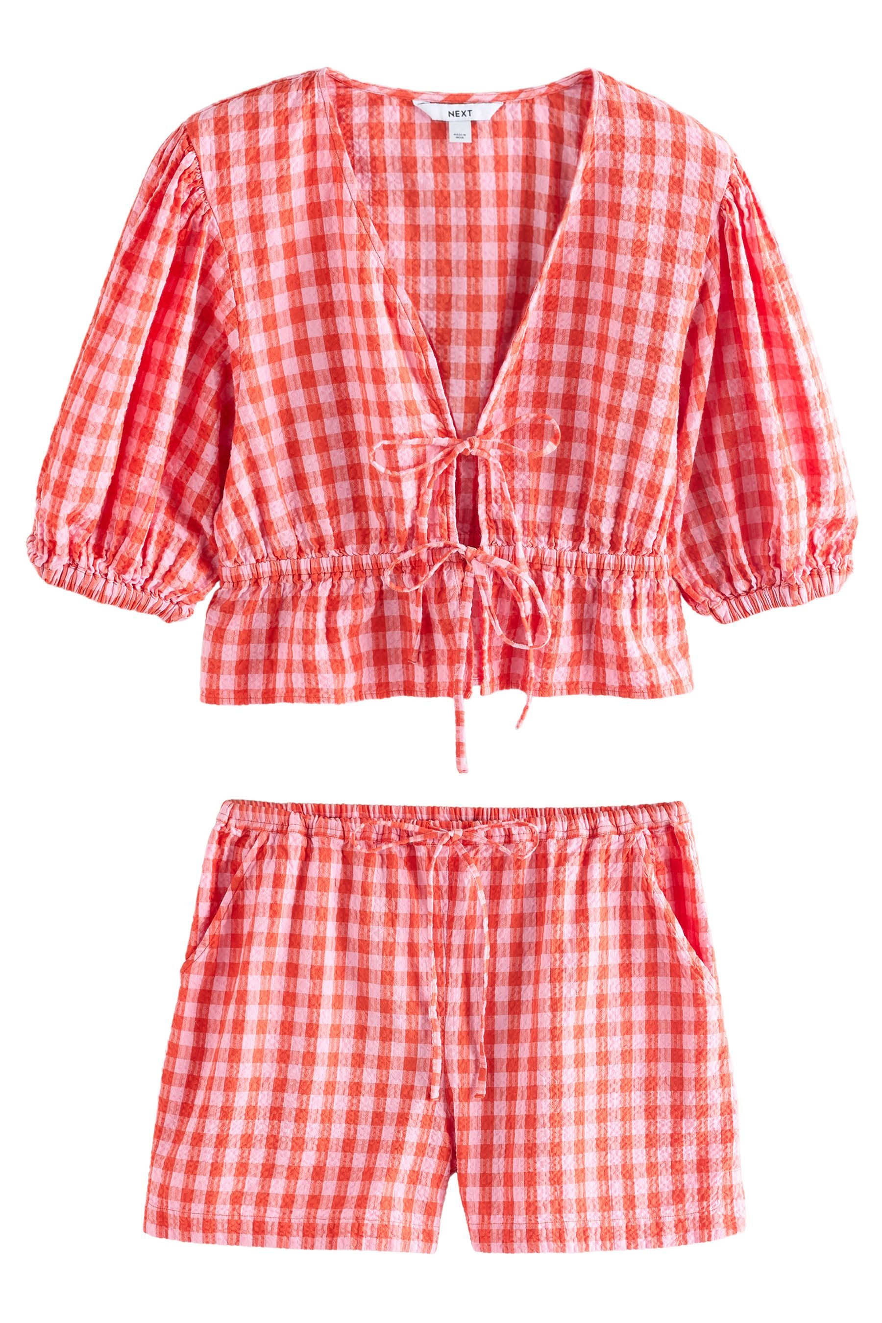 Next Kurzarmbluse Bluse mit Puffärmeln, Vichykaros und Bindedetail (1-tlg) günstig online kaufen