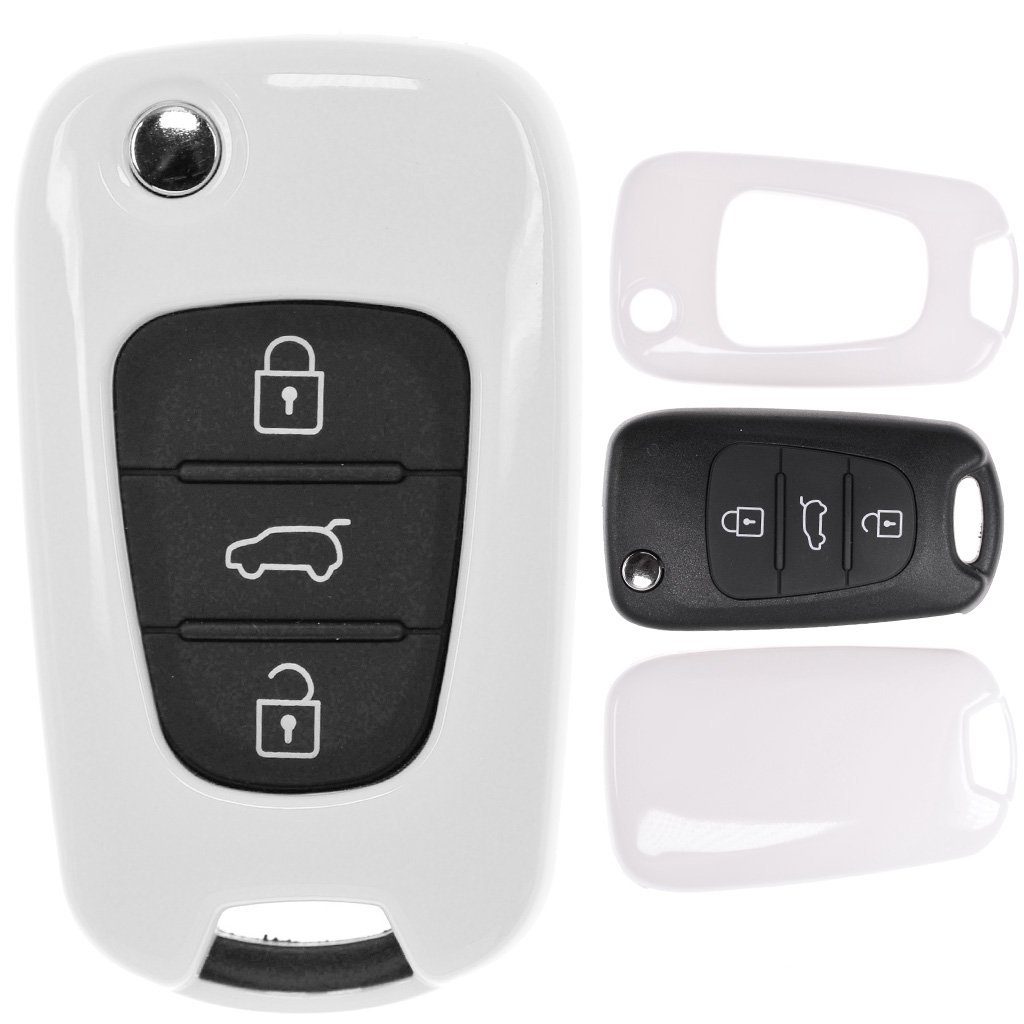 mt-key Schlüsseltasche Autoschlüssel Hardcover Schutzhülle Weiß, für Hyundai i30 ix20 ix35 Kia Soul Sportage Ceed Klappschlüssel