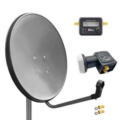 ARLI 60cm HD SAT Anlage grau + Twin LNB + Satfinder SAT-Antenne (60 cm, Stahl, + 2x F-Stecker vergoldet Set 10365)