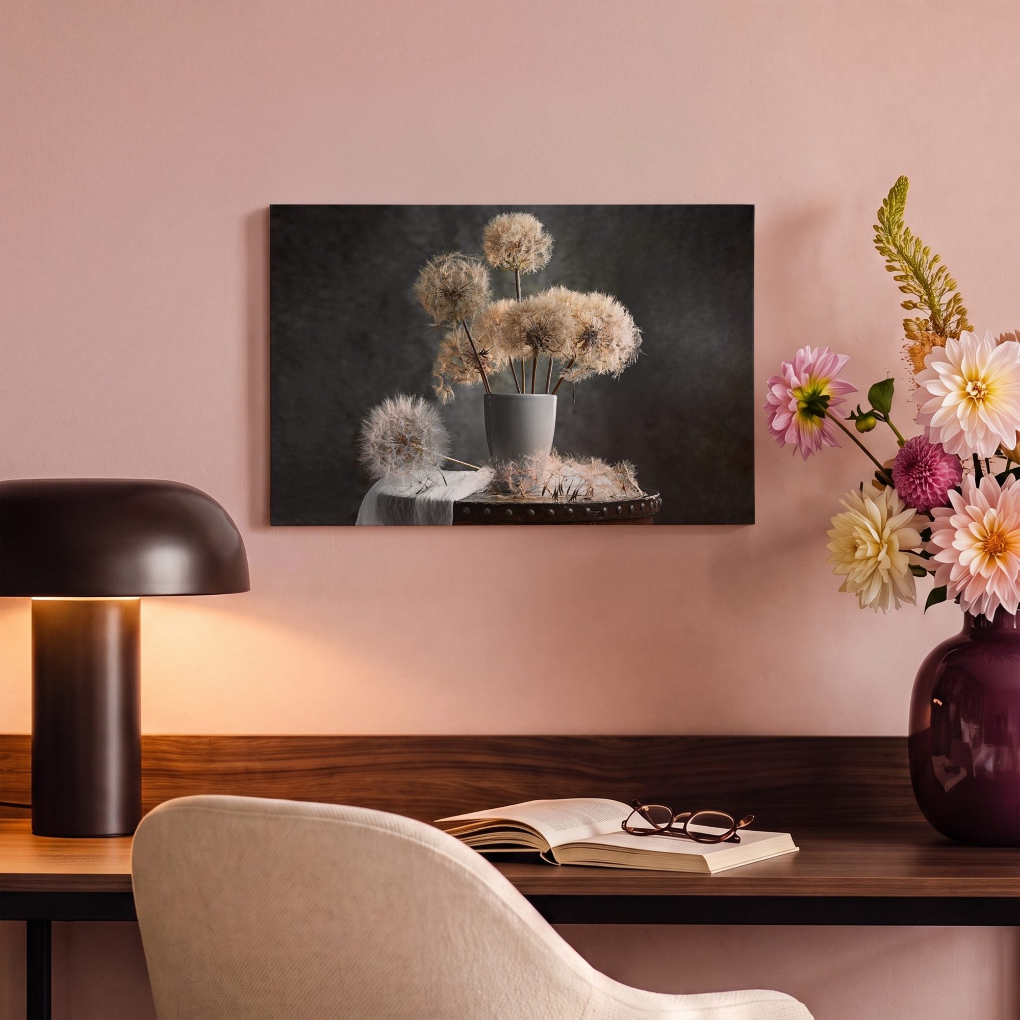 OneMillionCanvasses® Leinwandbild Blumensamen - Löwenzahn - Vase - Stilleben - Blumenstrauß, Fotodruck (1 St), Wandbild, Deko Schlafzimmer Wohnzimmer Flur 20x20 – Bild 4 von 5