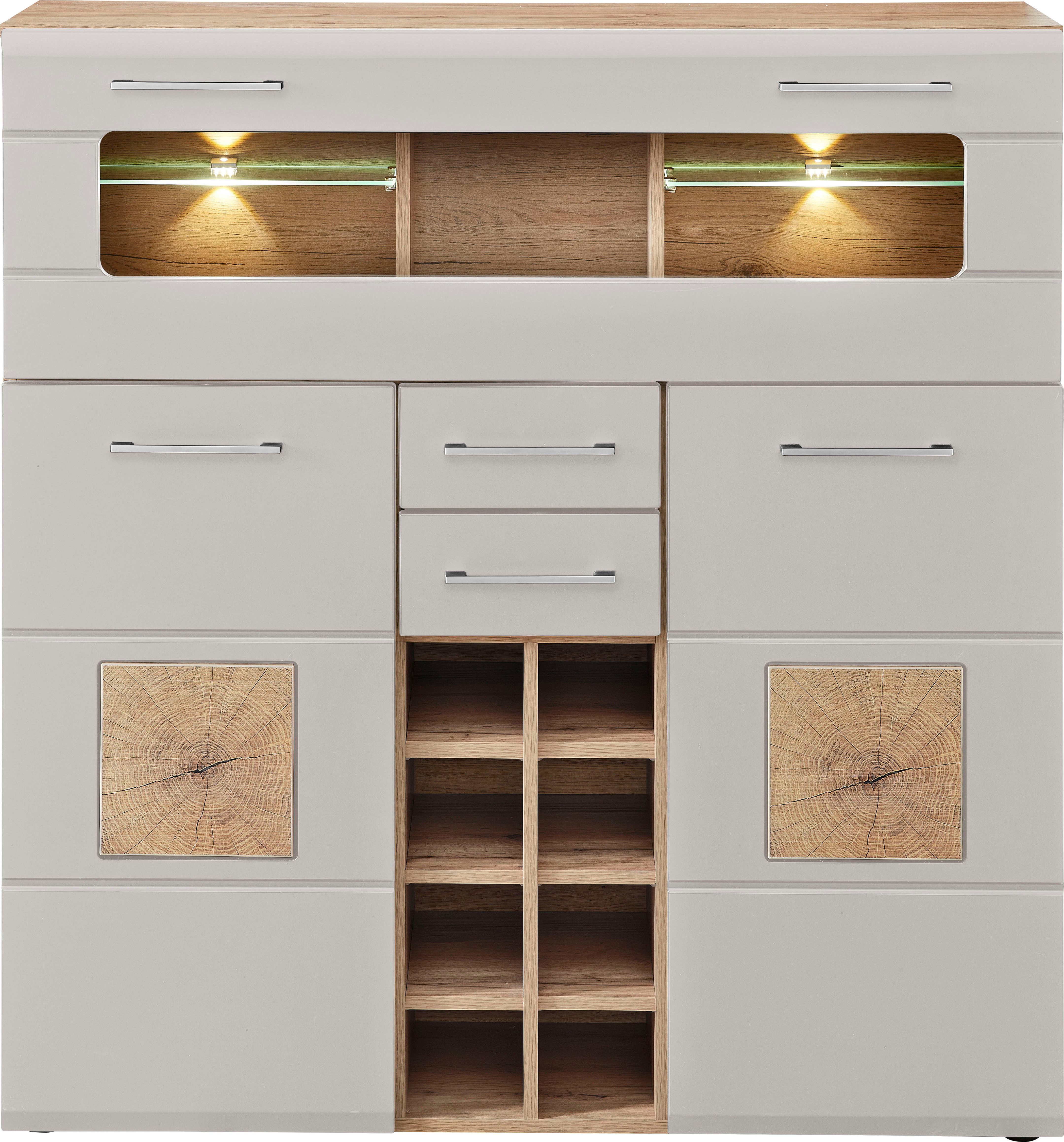 Innostyle Highboard Barschrank SINFONIE, 120/129/37 cm BxHxT (1 St), 2 türig, 8 Flaschenfächer, 1 Glasklappe, LED-Beleuchtung, Soft-Close