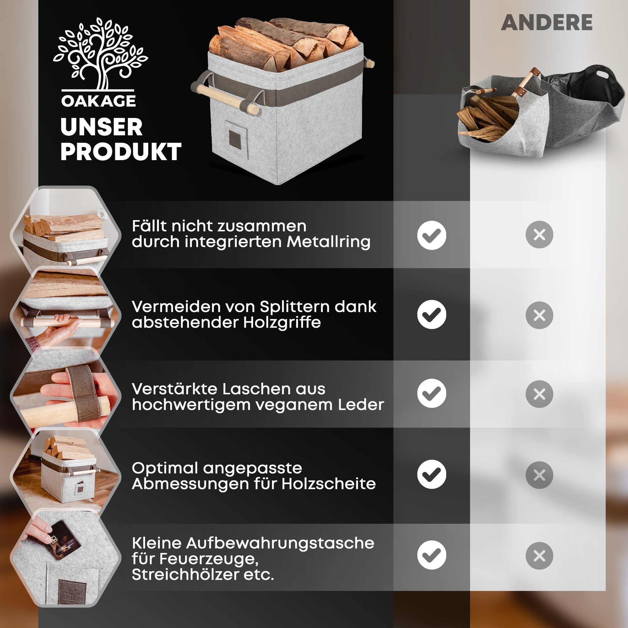 OAKAGE Kaminholzkorb Holzkorb für Kaminholz Feuerholzkorb Brennholzkorb Kaminkorb Filzkorb, einfallsichere Seitenwände
