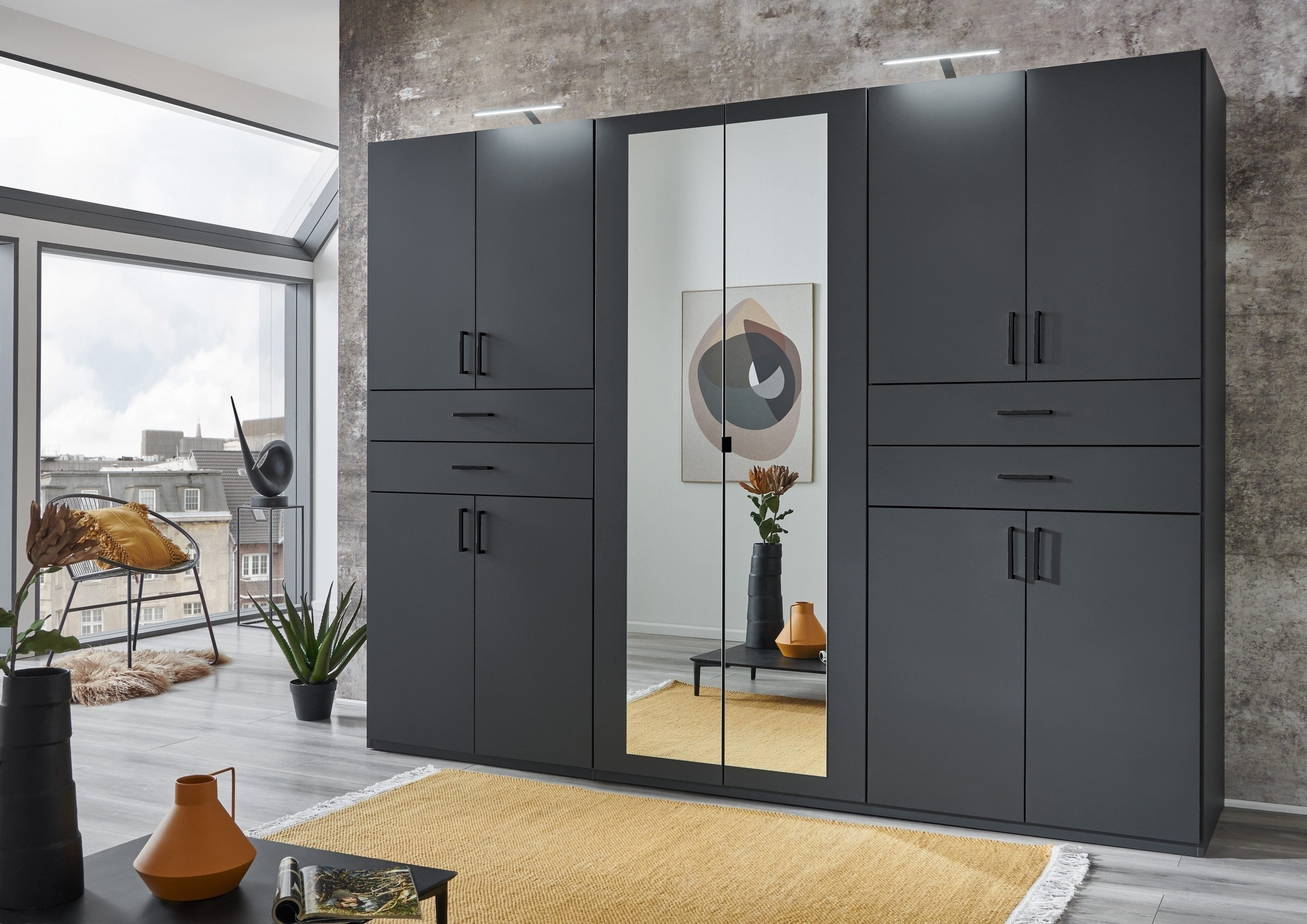 freiraum Drehtürenschrank Taiga 4 Schübe, 10 Türen, Spiegel, Graphit - 270x208x58cm (BxHxT)