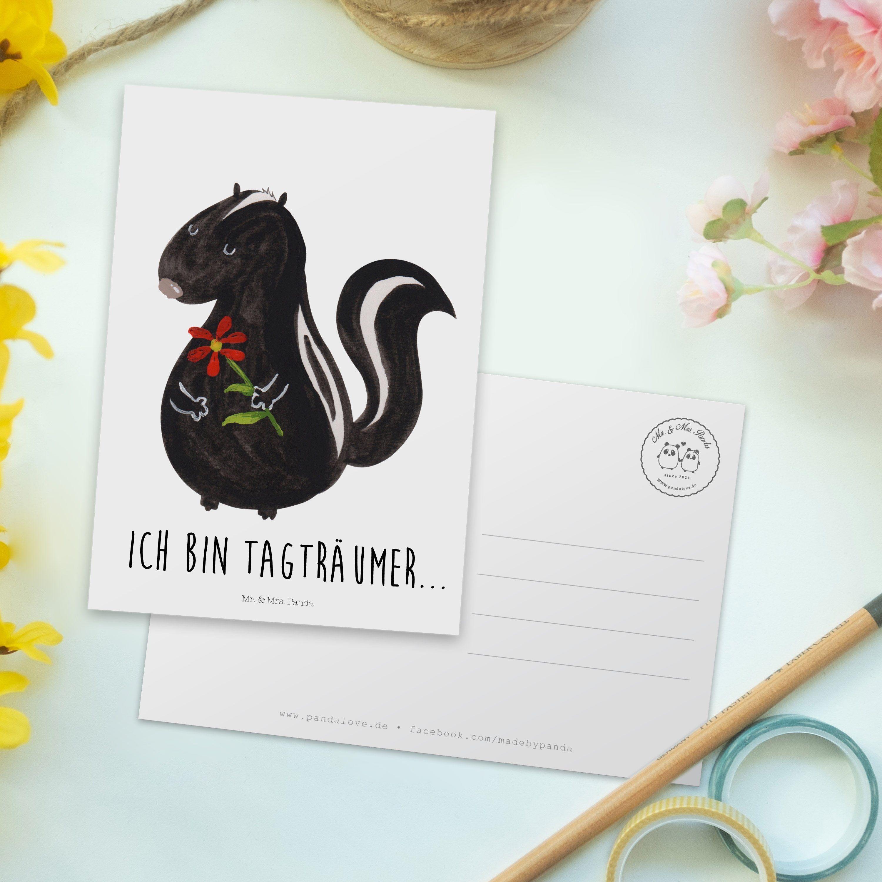 Stinktier Mr. - Grußkarte, Geschenk, Blume Dre Panda & - Mrs. Karte, Weiß Dankeskarte, Postkarte