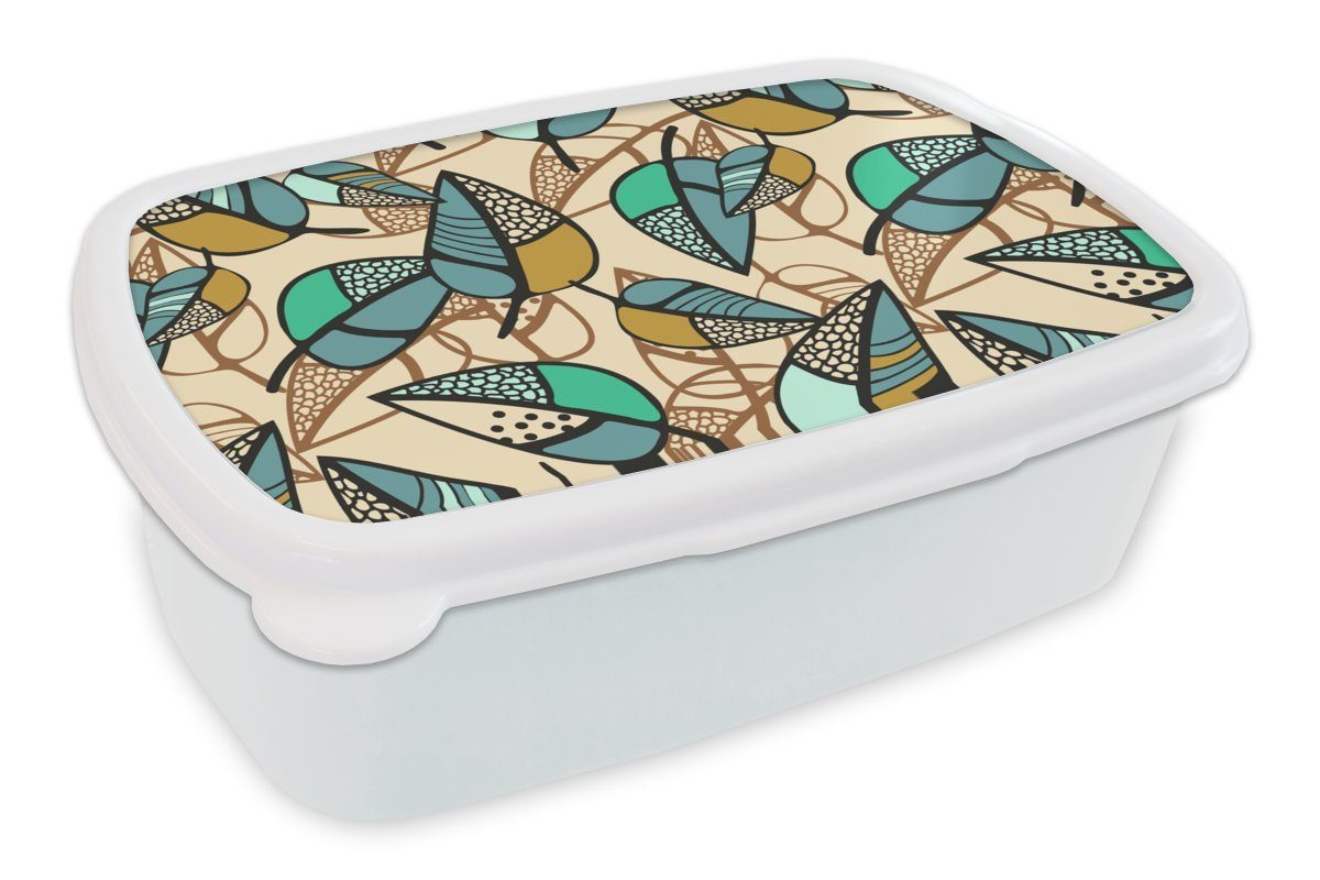 MuchoWow Lunchbox Blätter - Bohème - Natur - Muster, Kunststoff, (2-tlg), Brotbox für Kinder und Erwachsene, Brotdose, für Jungs und Mädchen weiß