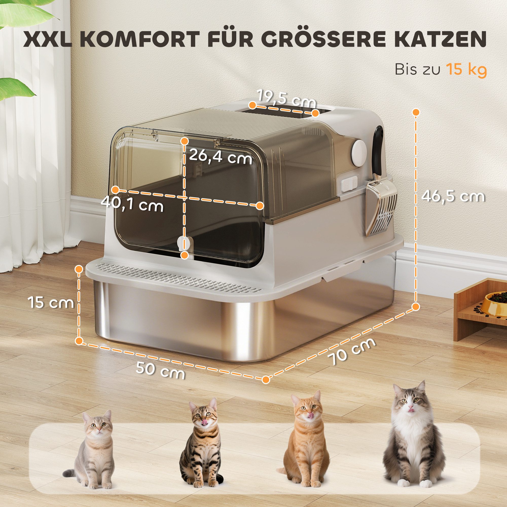 PawHut Katzentoilette Katzenklo Edelstahl mit Doppeltüren, Leicht zu Reinigen, für große Katzen bis zu 15 kg, 70x50x46,5cm Grau