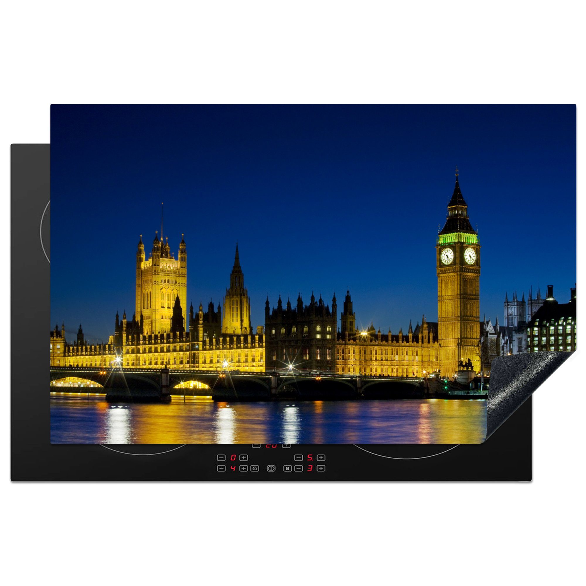 MuchoWow Herdblende-/Abdeckplatte Big Ben bei Nacht in London beleuchtet, Vinyl, (1 tlg), 81x52 cm, Induktionskochfeld Schutz für die küche, Ceranfeldabdeckung