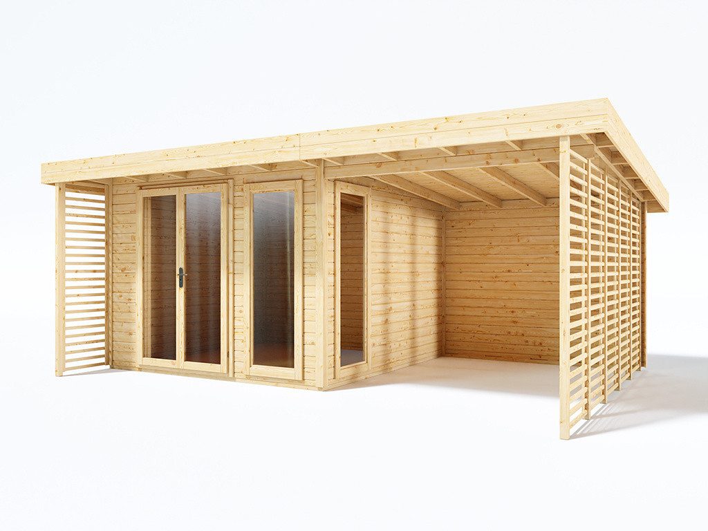 Woodtex Gartenhaus WOODTEX Gartenhaus mit Anbau Arvo 28 mm, BxT: 596x394 cm, Holz-Gartenhaus mit Fußboden, ideal als Gerätehaus & Schuppen