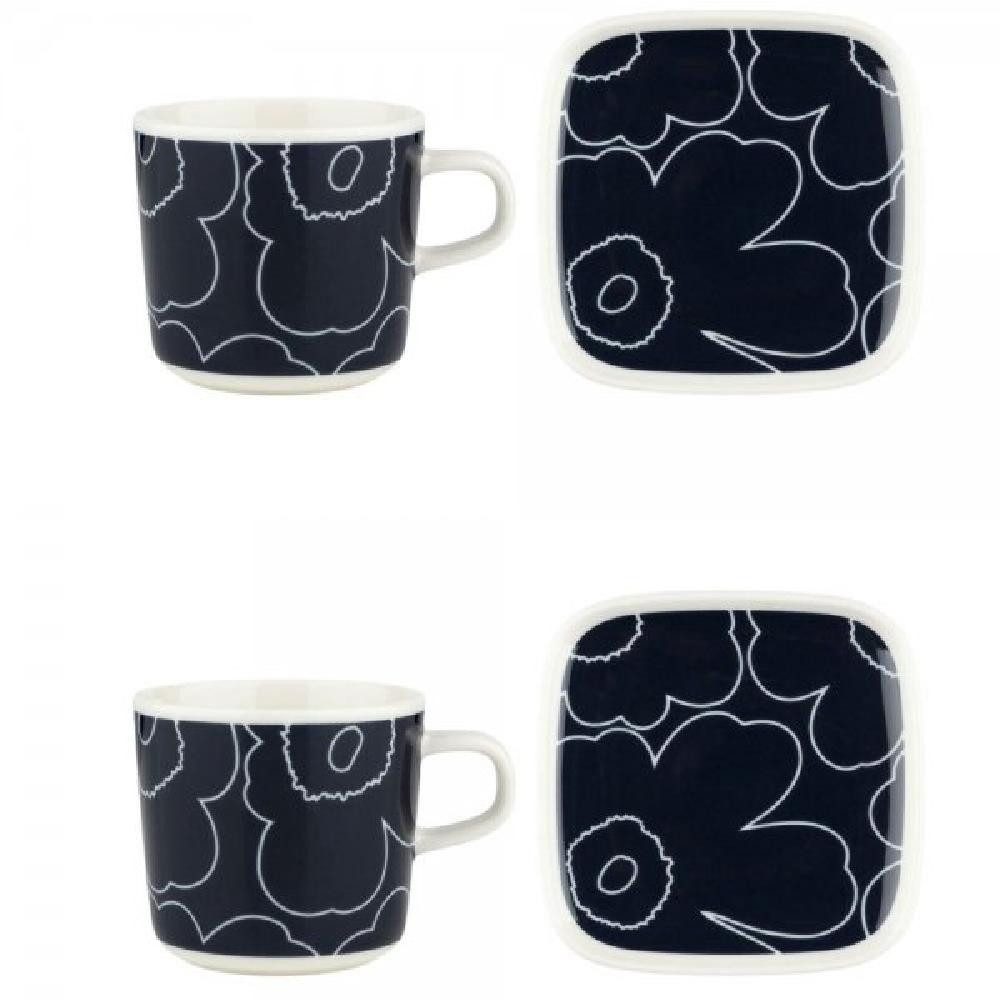 Marimekko Tasse Geschirr-Set Oiva Unikko Piirto White Darkblue (4-teilig)