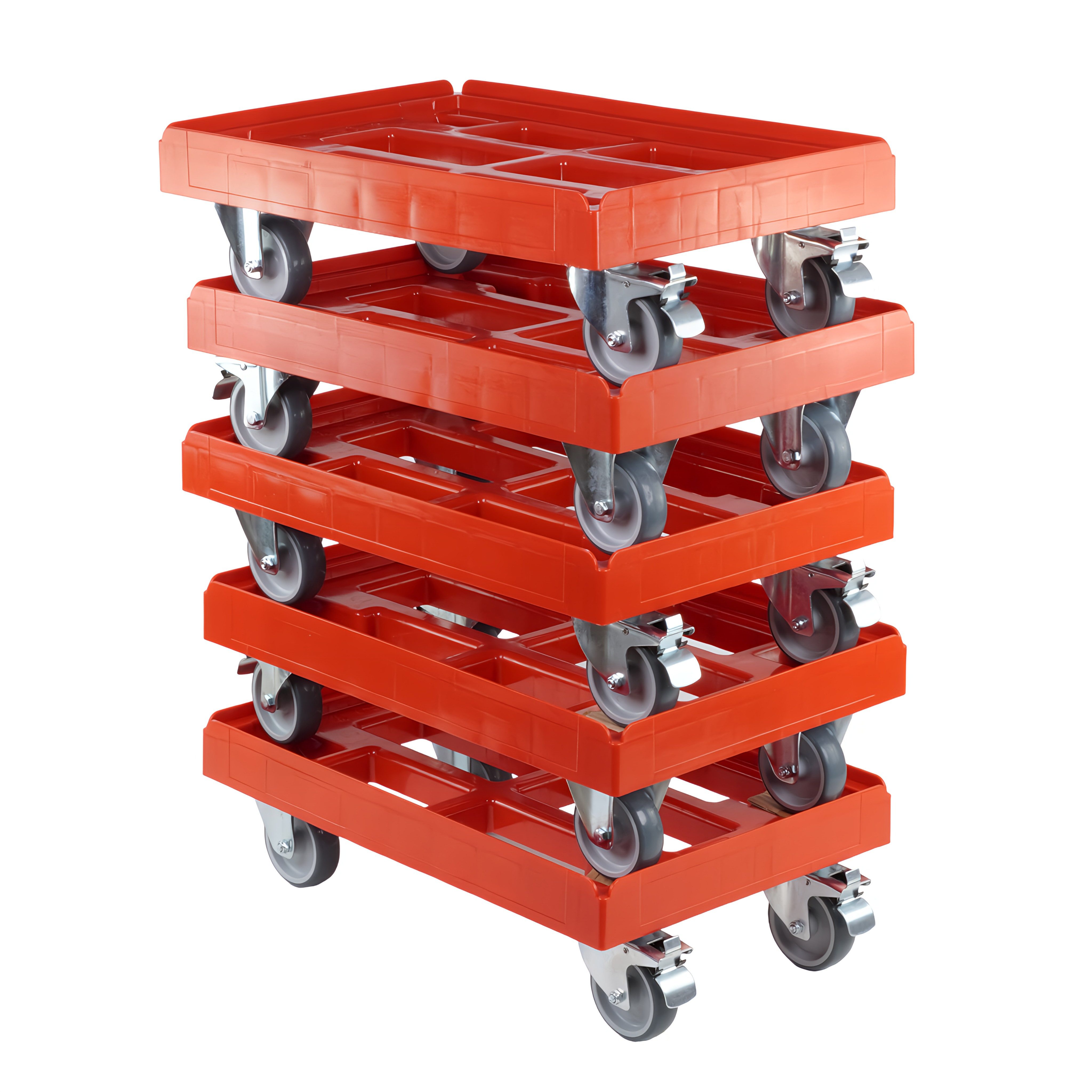 Logiplast Transportroller Transportroller für Kisten 60 x 40 cm mit 2 Bockrollen und 2 Bremsen, (Spar-Set, 5 Transportroller), 300 kg Tragkraft, geeignet für Kisten 60 x 40 cm, leise Gummiräder