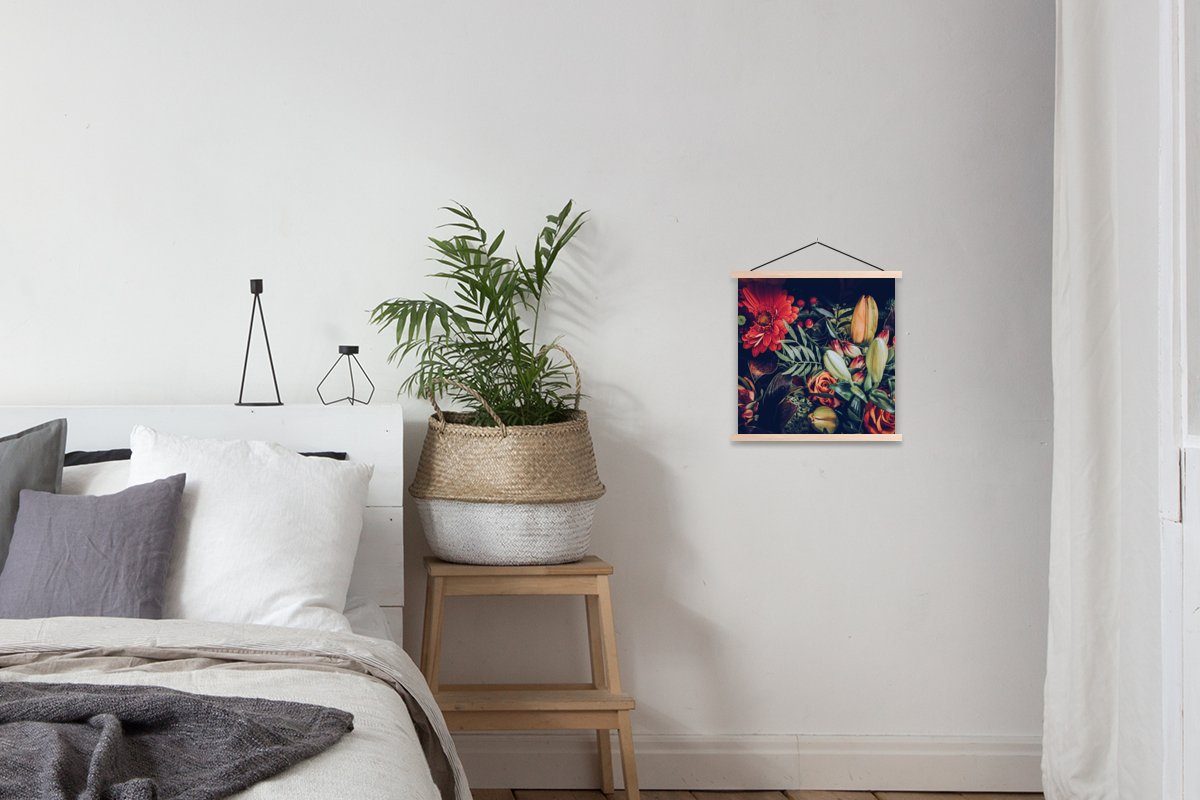 Magnetisch Rot, Textilposter braun - Wohnzimmer, Bilderleiste, | St), (1 Blumenstrauß Posterleiste, - Poster Stilleben MuchoWow - Pflanzen für braun Blumen -