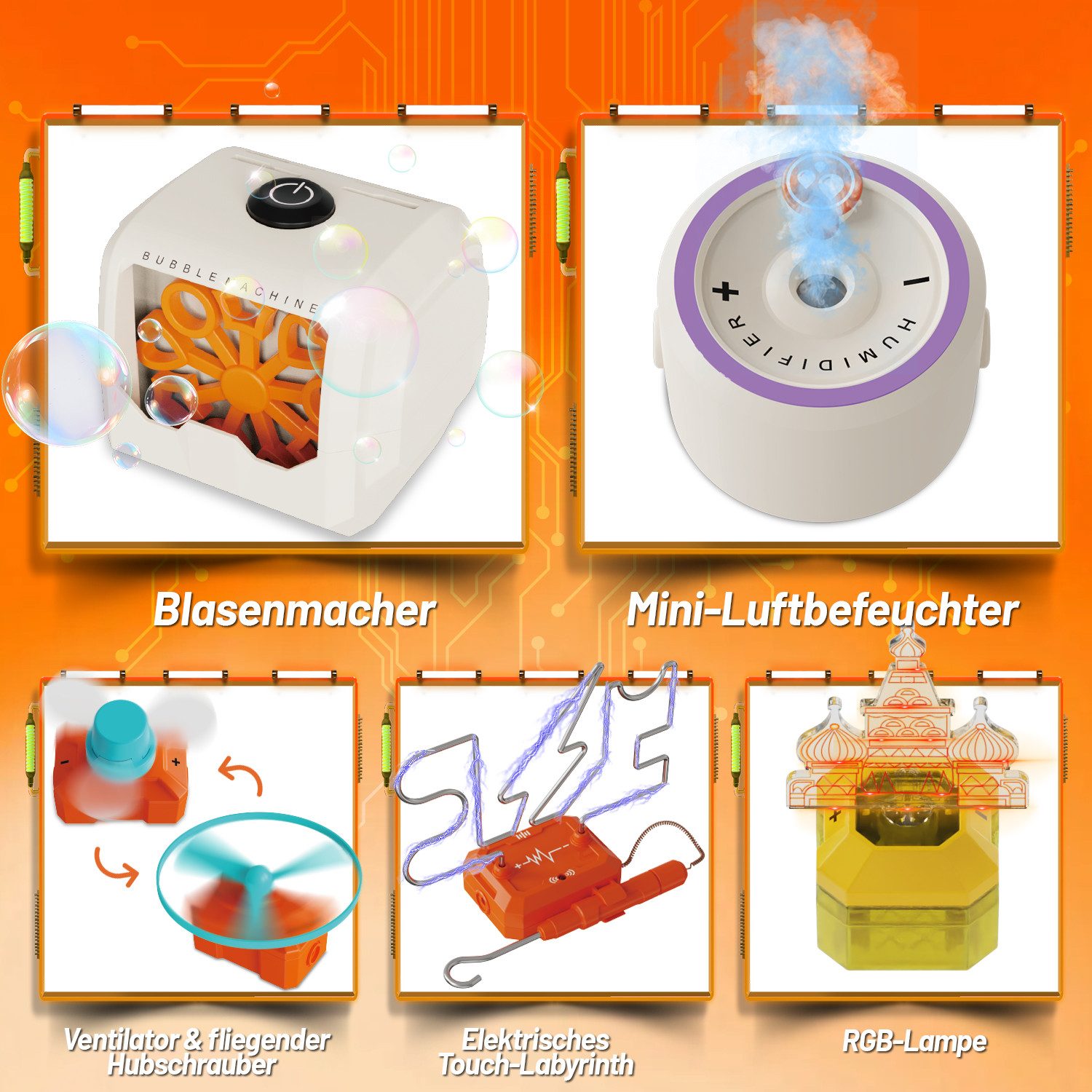 Esun Experimentierkasten Elektronik Baukasten, Experimente für Kinder, 50 STEM Physikspielzeug, (Set, 50-tlg., Komplettset), Blasenmacher, Ventilator, Fliegender Hubschrauber