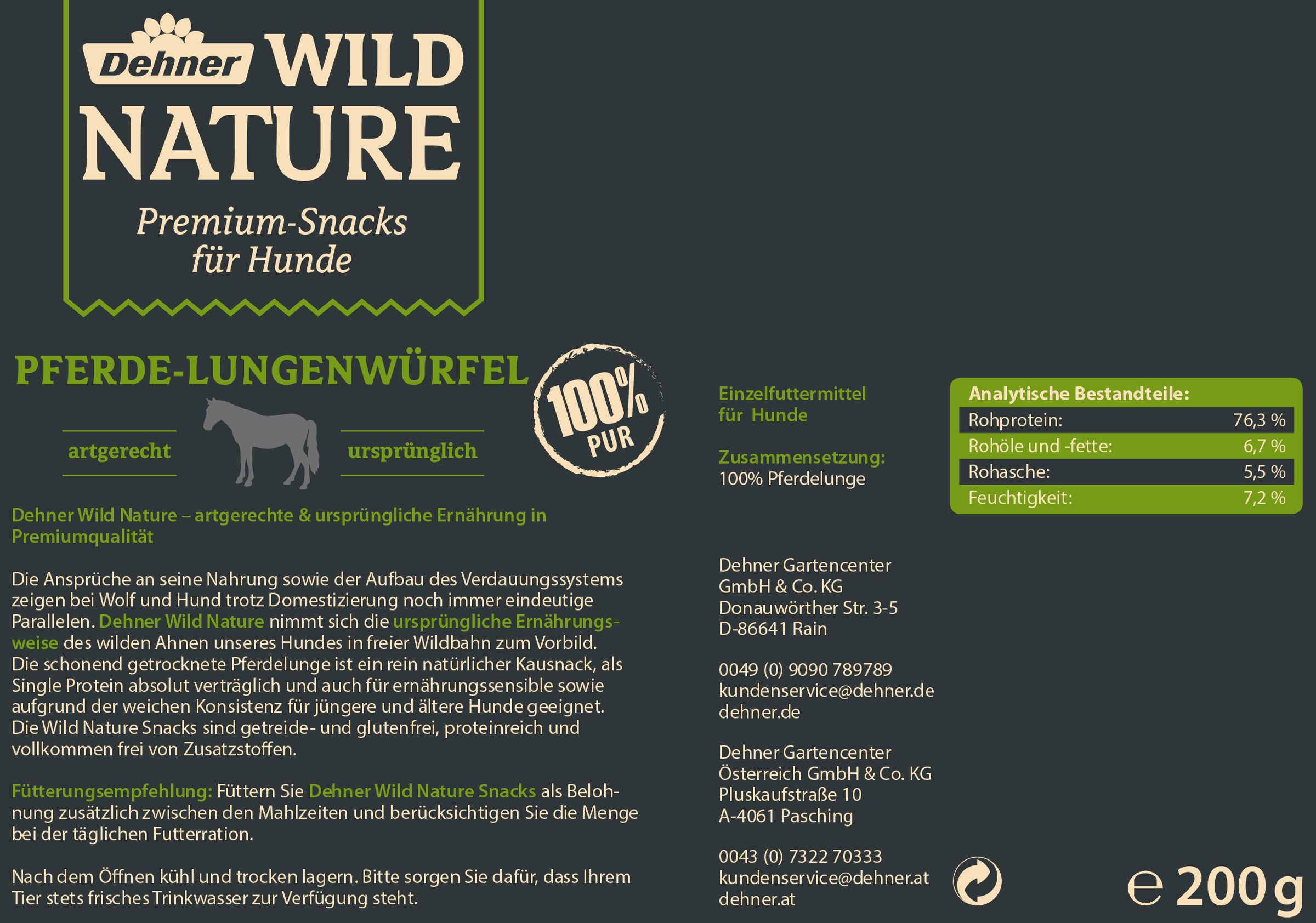 Dehner Wild Nature Premium Hundesnack Würfel Pferde-Lunge, 200 g Pferd, Snack für: Hunde, glutenfrei / getreidefrei, Leckerli für ernährungssensible Hunde