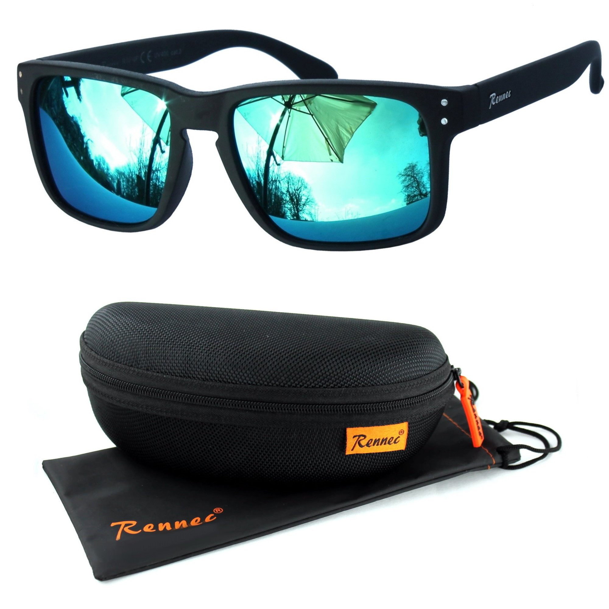 Rennec Sonnenbrille Herren Rechteckig Schwarz Matt Gläser Türkis Verspiegelt 3in2 Bügelgelenke, Hardcase, Rubber Haptik