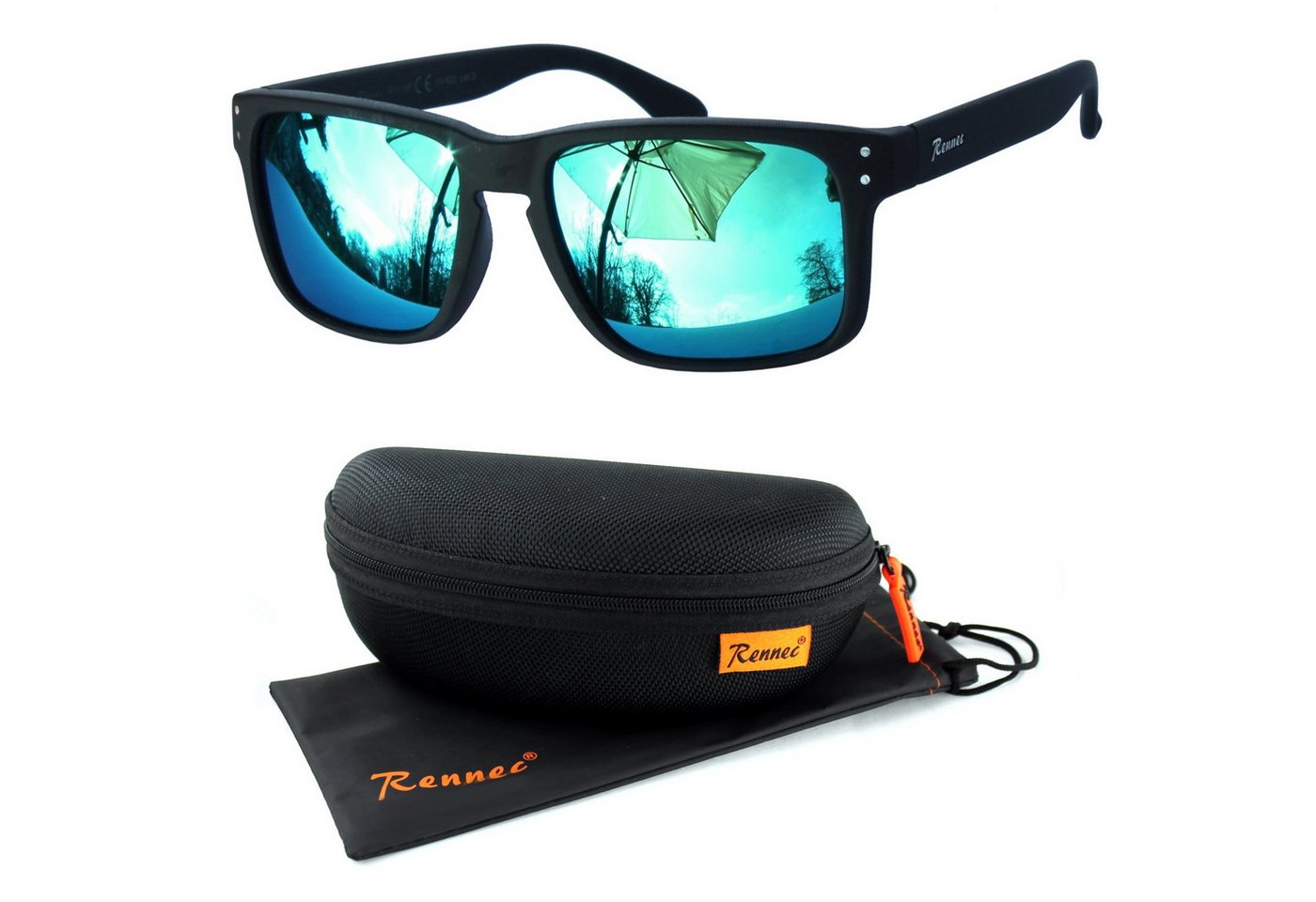 Rennec Sonnenbrille Herren Rechteckig Schwarz Matt Gläser Türkis Verspiegelt 3in2 Bügelgelenke, Hardcase, Rubber Haptik