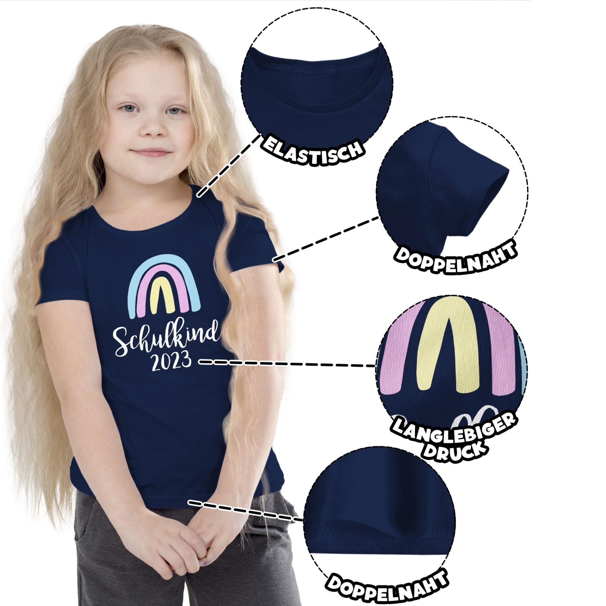 Regenbogen Einschulung Pastell Shirtracer / Navy 2 Mädchen T-Shirt Schulkind 2023 Blau Weiß