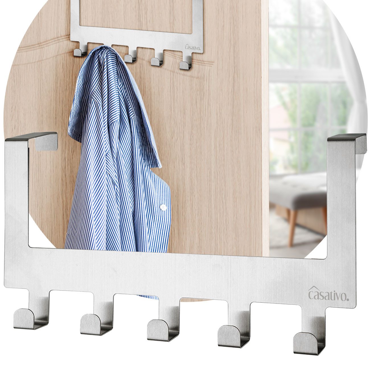 Casativo Garderobenleiste Edelstahl-Türgarderobe, Platzsparende Hakenleiste mit 5 Kleiderhaken (1 St., 1er/2er-Set), 5 Haken, für 35-45mm Türen, kratzschutz-gummiert