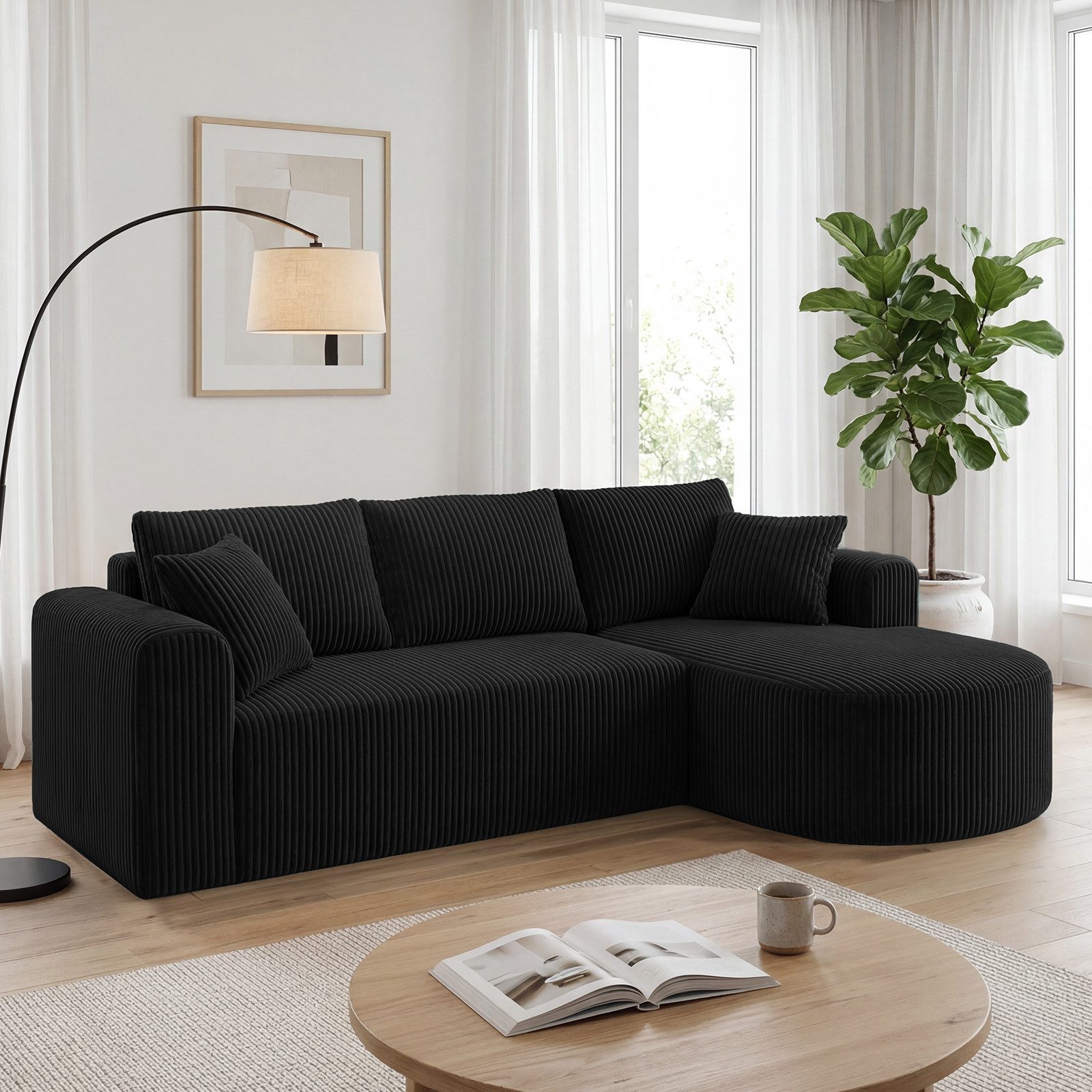 COMHOMA Sofa Ecksofa mit Schlaffunktion, Corduroy Modulares Boneless Couch, mit Chaiselongue, L-Form Schlafsofa, Sektionssofas mit Kissen & Seitentaschen