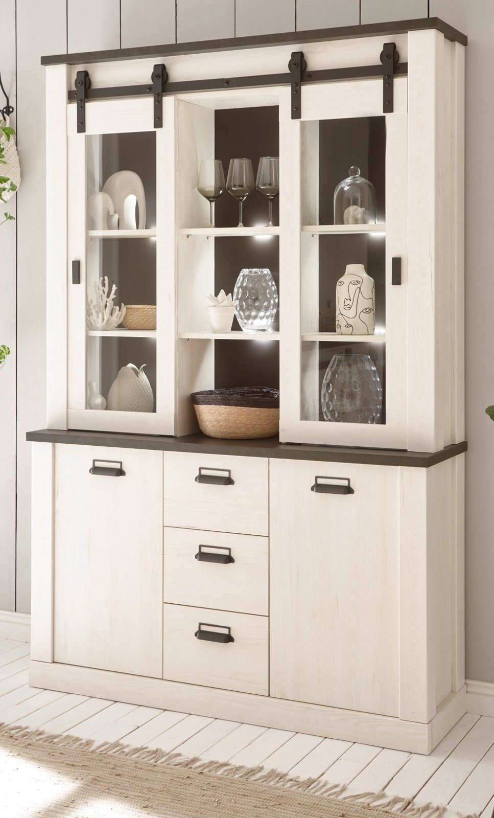 Furn.Design Buffet Stove (großer Buffetschrank in Pinie weiß, 133 x 201 cm) 15 Fächer, Soft-Close